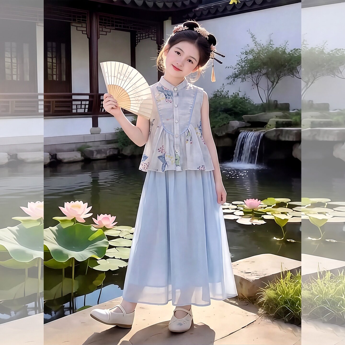 新中式女装女童超仙国风蝴蝶印花