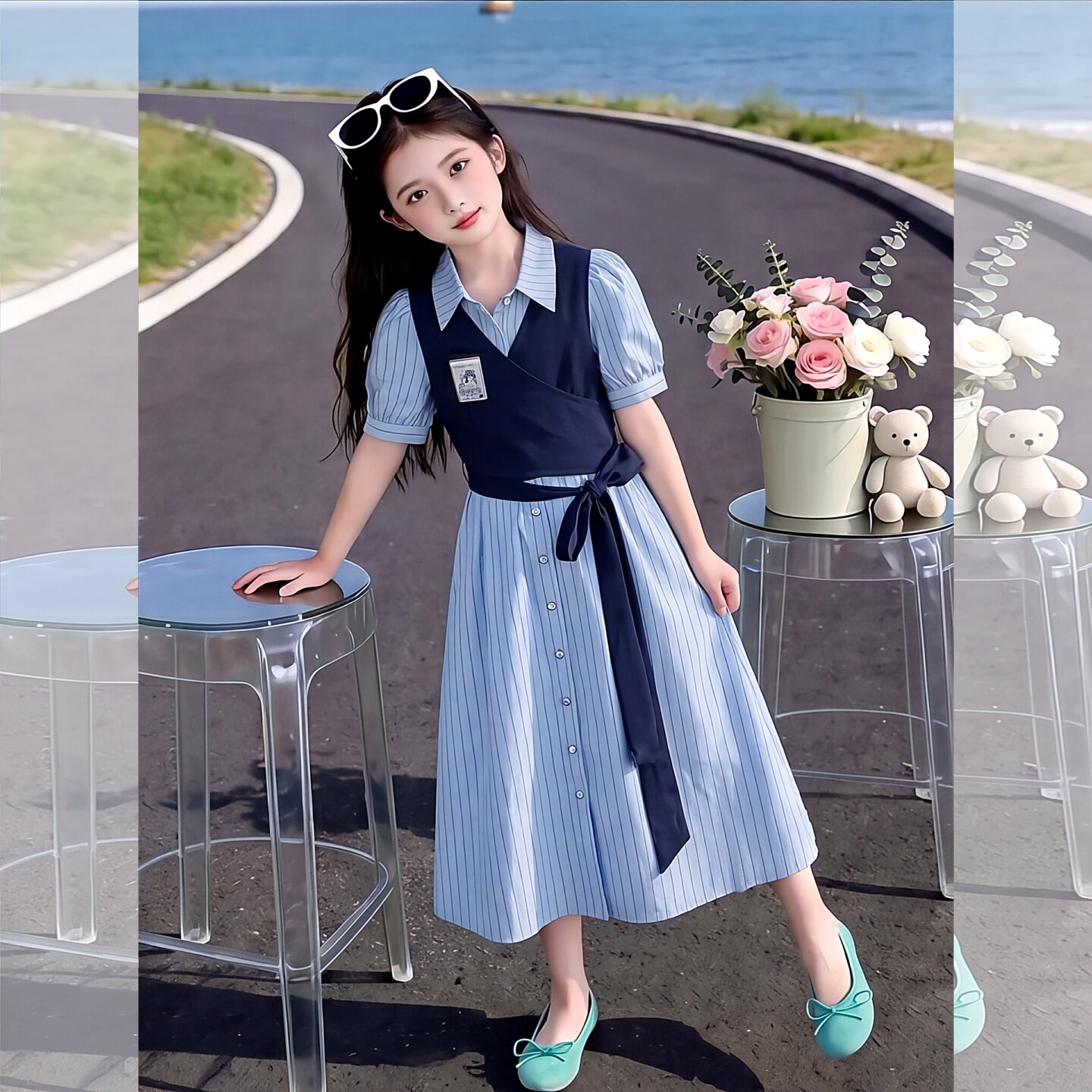 马甲夏季学院风假两件连衣裙女童