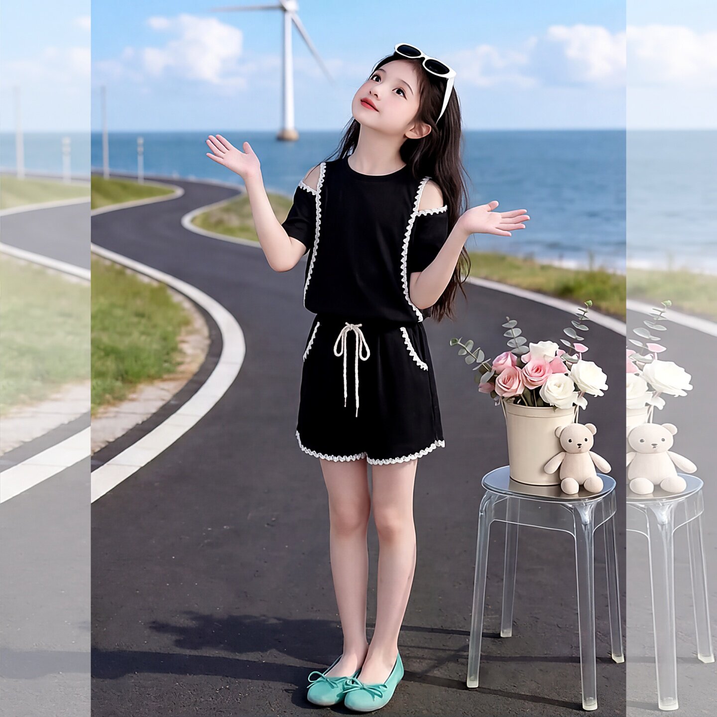 女童夏季露肩运动套装2026新款童