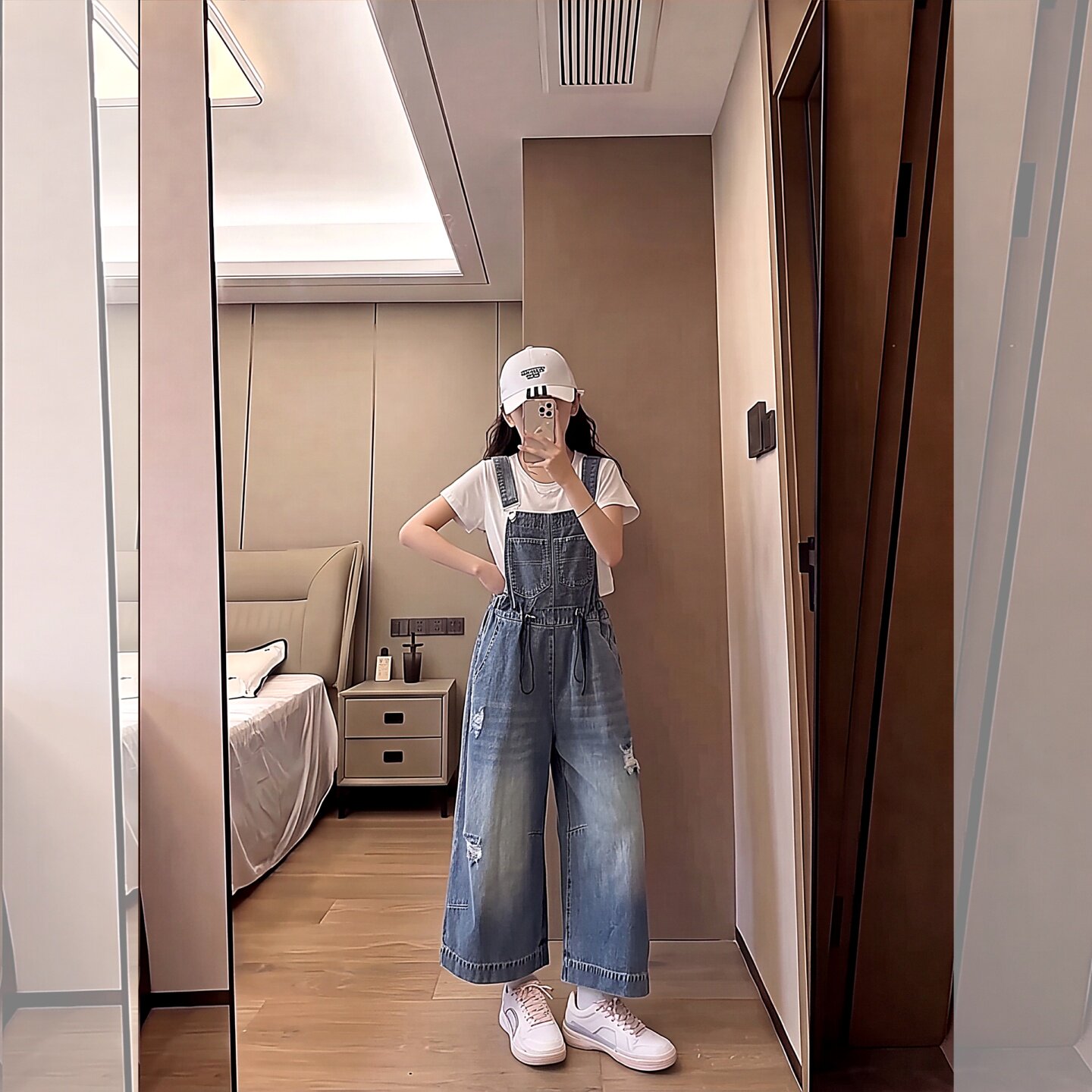 女童夏季潮酷破洞牛仔背带裤短袖