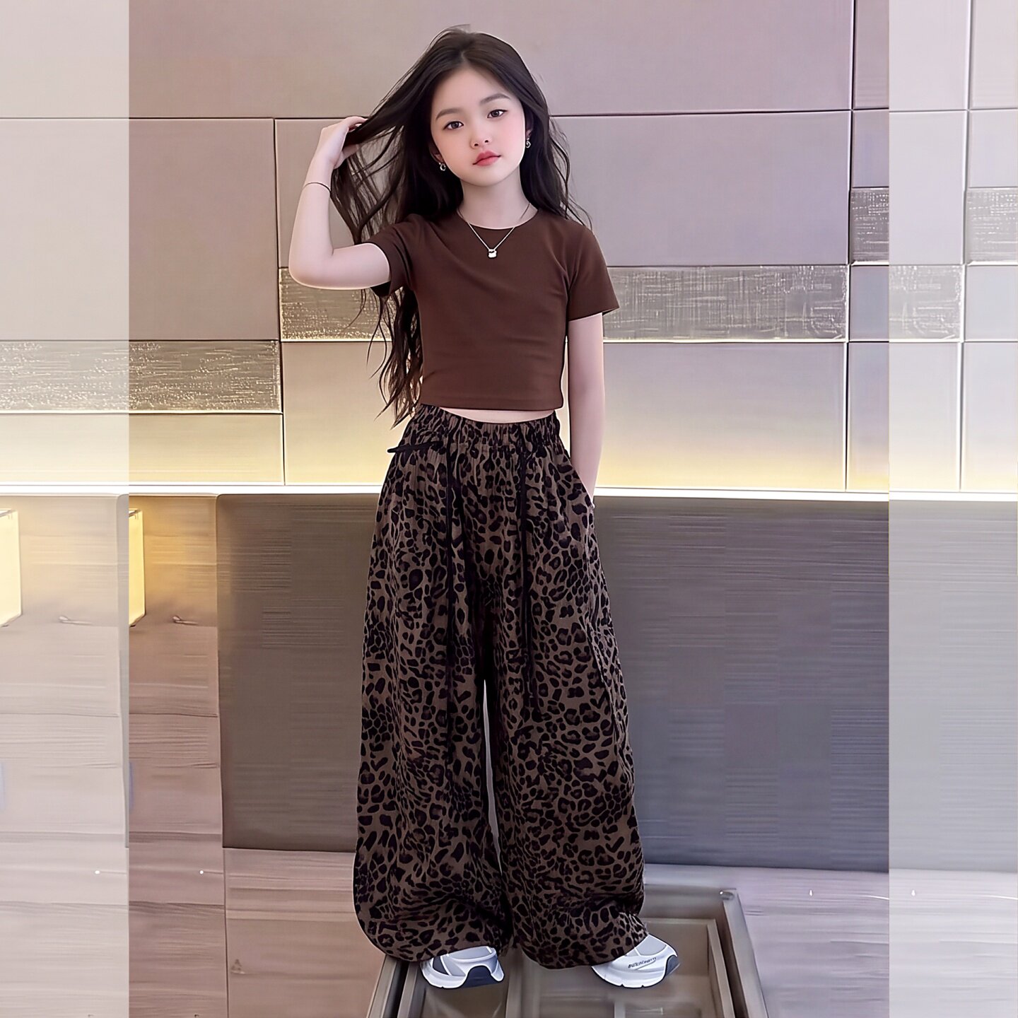 夏季美拉德色女童背心美式复古豹