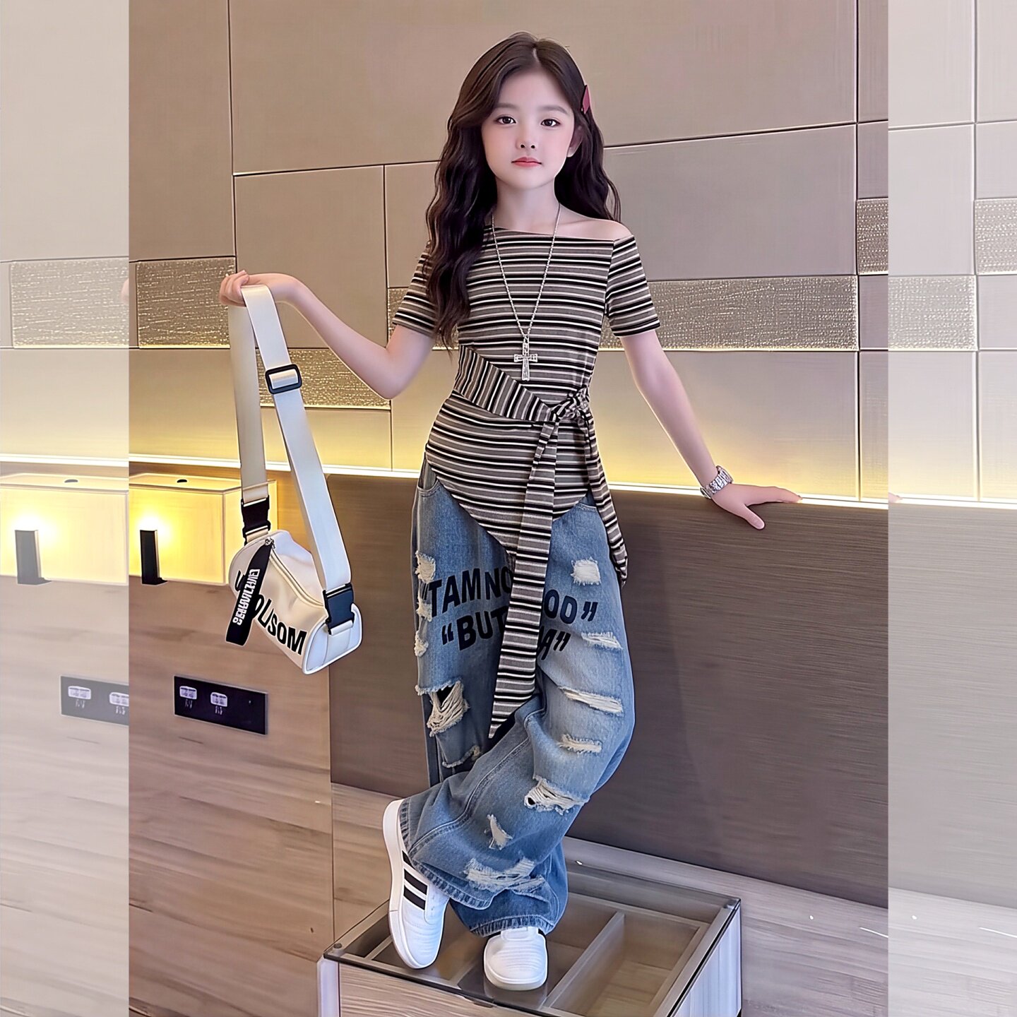 女童美式破洞阔腿牛仔裤儿童宽松