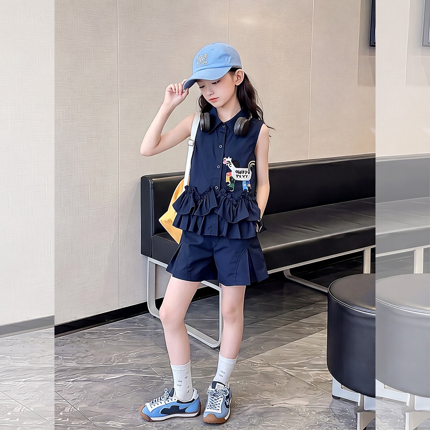 女童藏青色无袖翻领套装2026新款