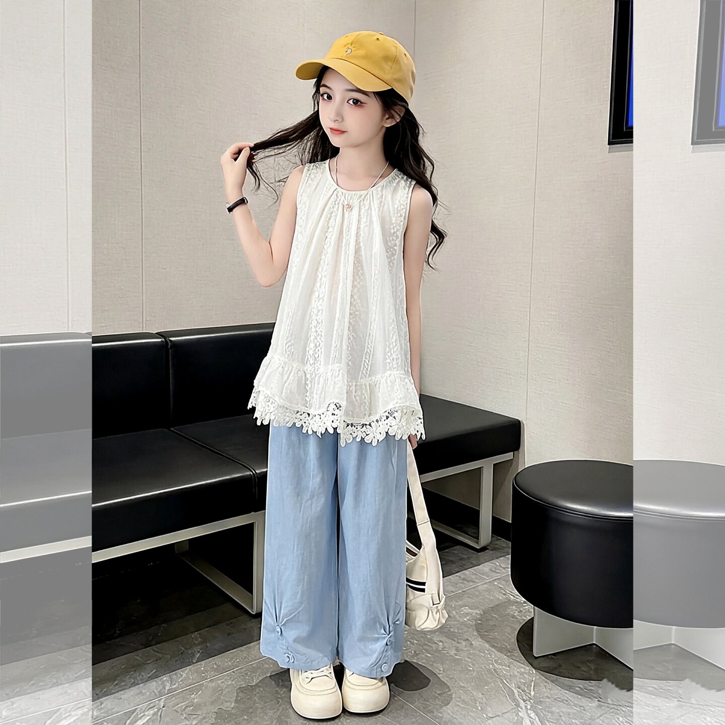 女童休闲清新套装夏季蕾丝花边女