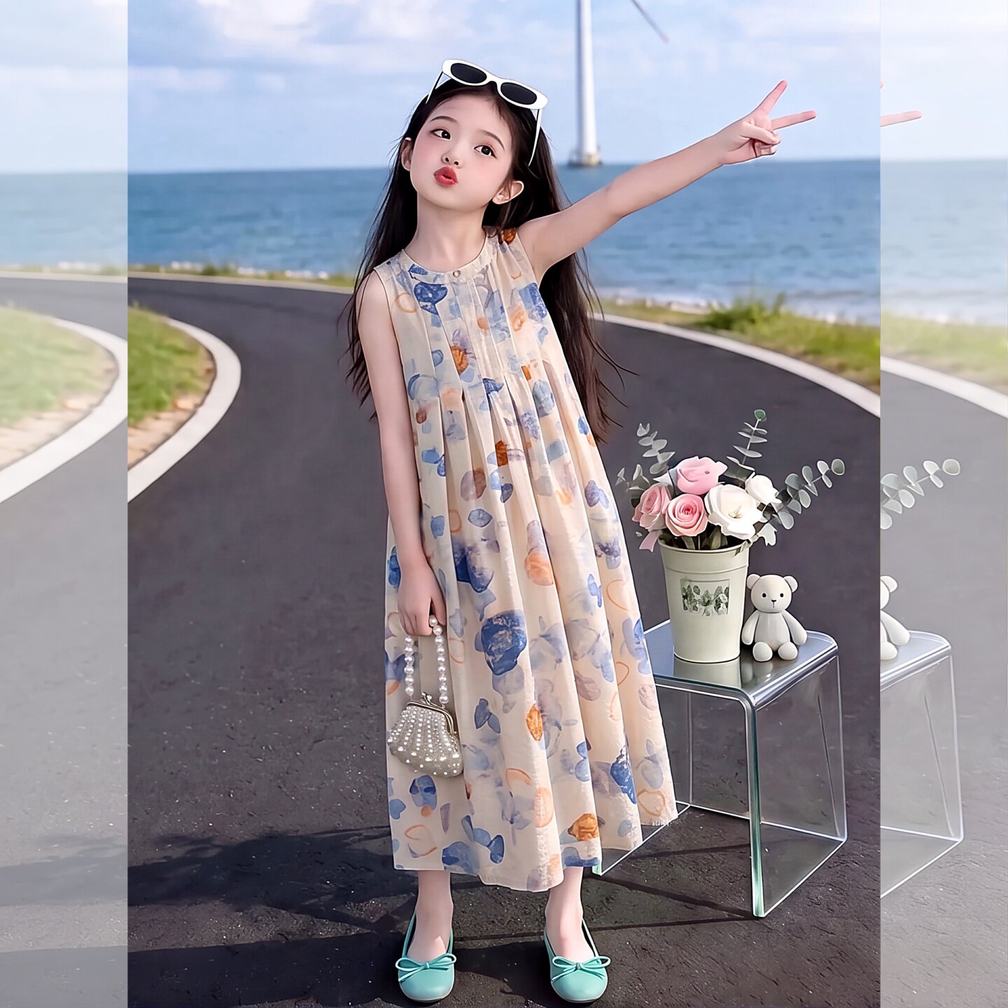 女童度假风雪纺无袖连衣裙夏季20