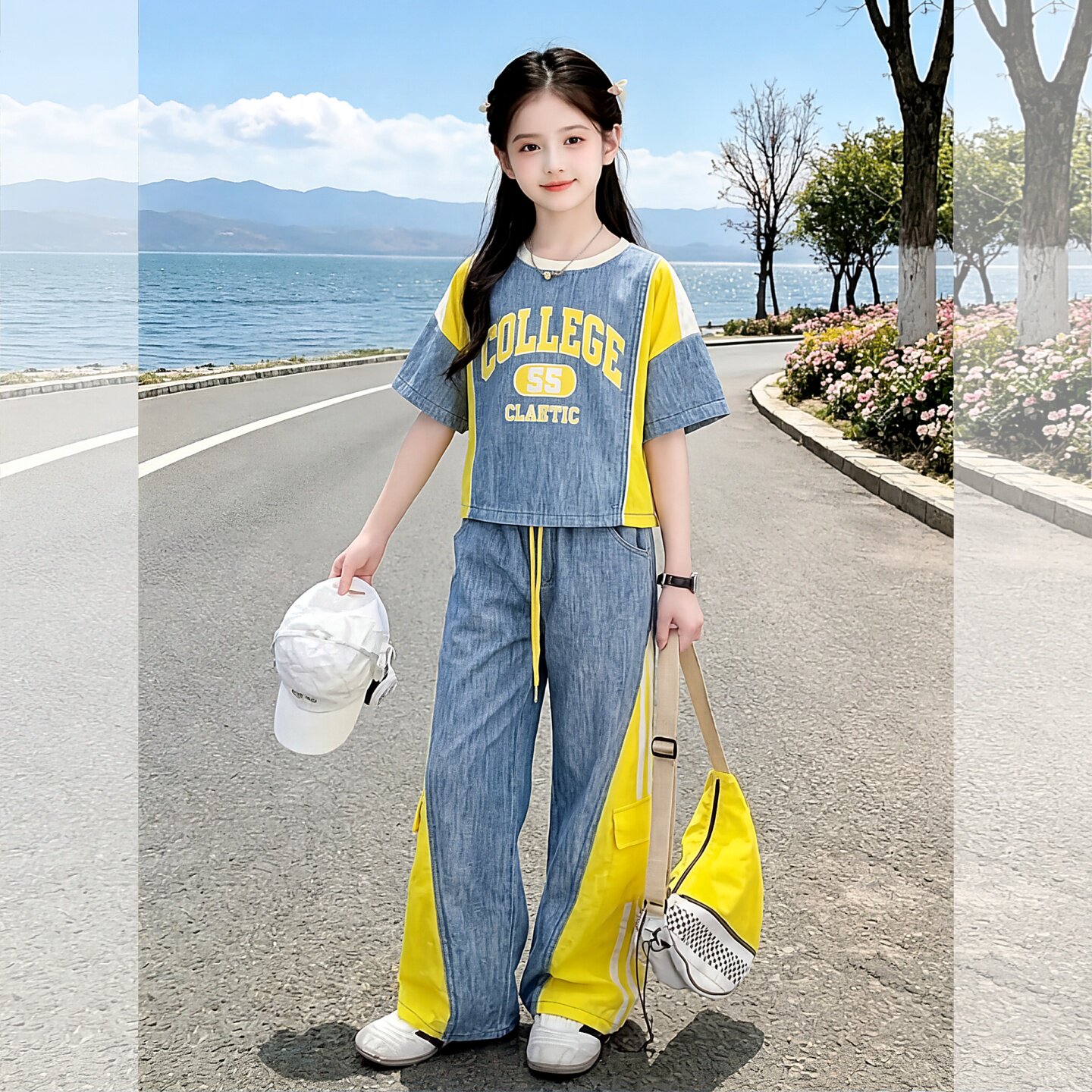 女童夏季运动套装设计感牛仔拼接