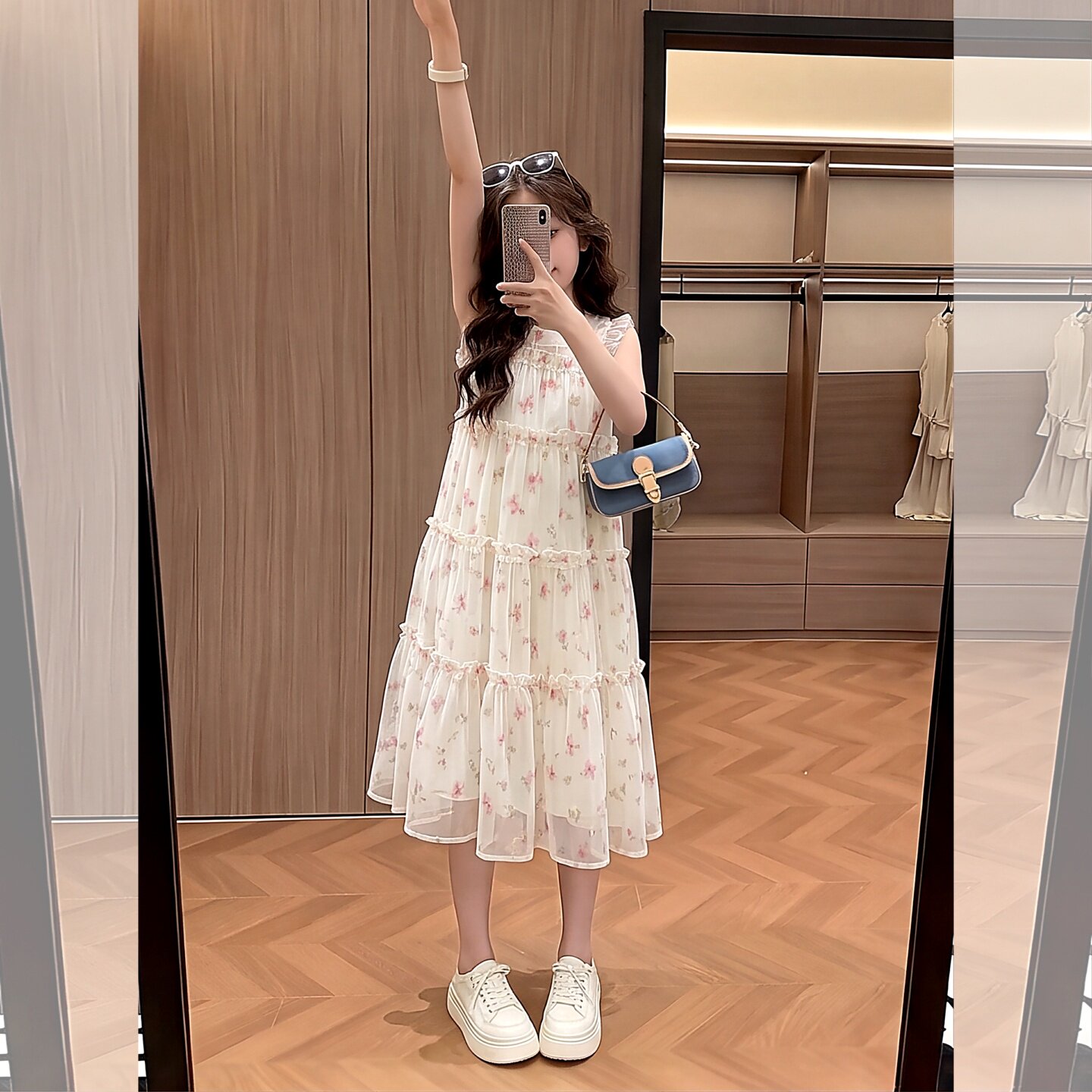 女童碎花无袖网纱连衣裙木耳边层