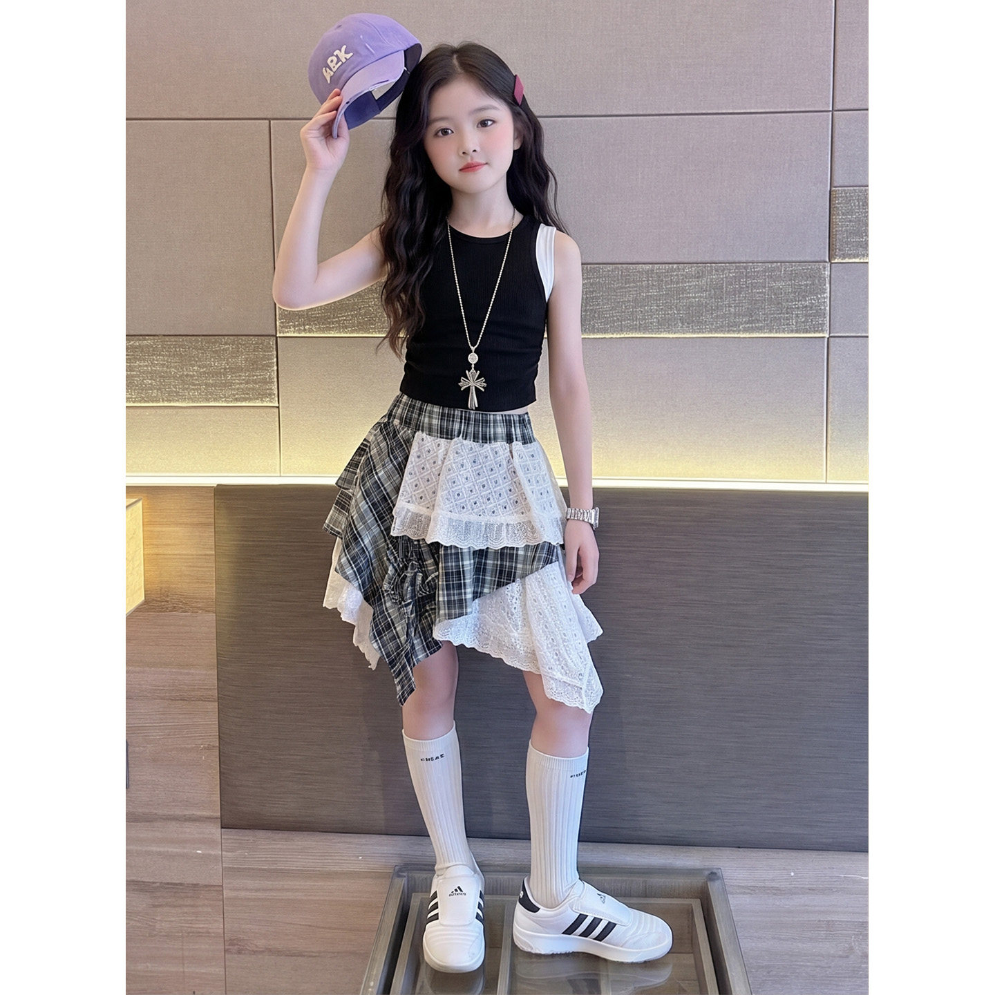 女童不规则蕾丝拼接半身裙中大童