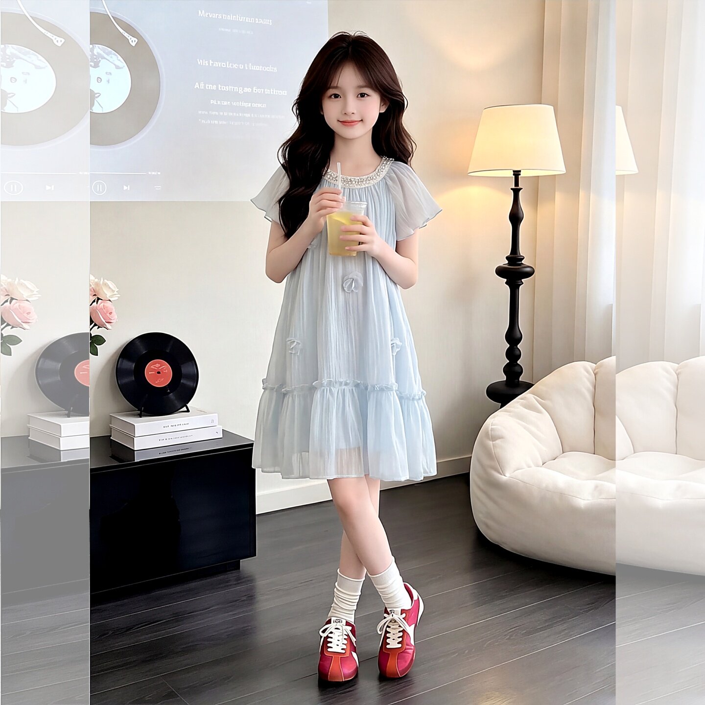 甜美少女风女大童连衣裙2026新夏装飞飞袖蓝色花朵雪纺薄款公主裙