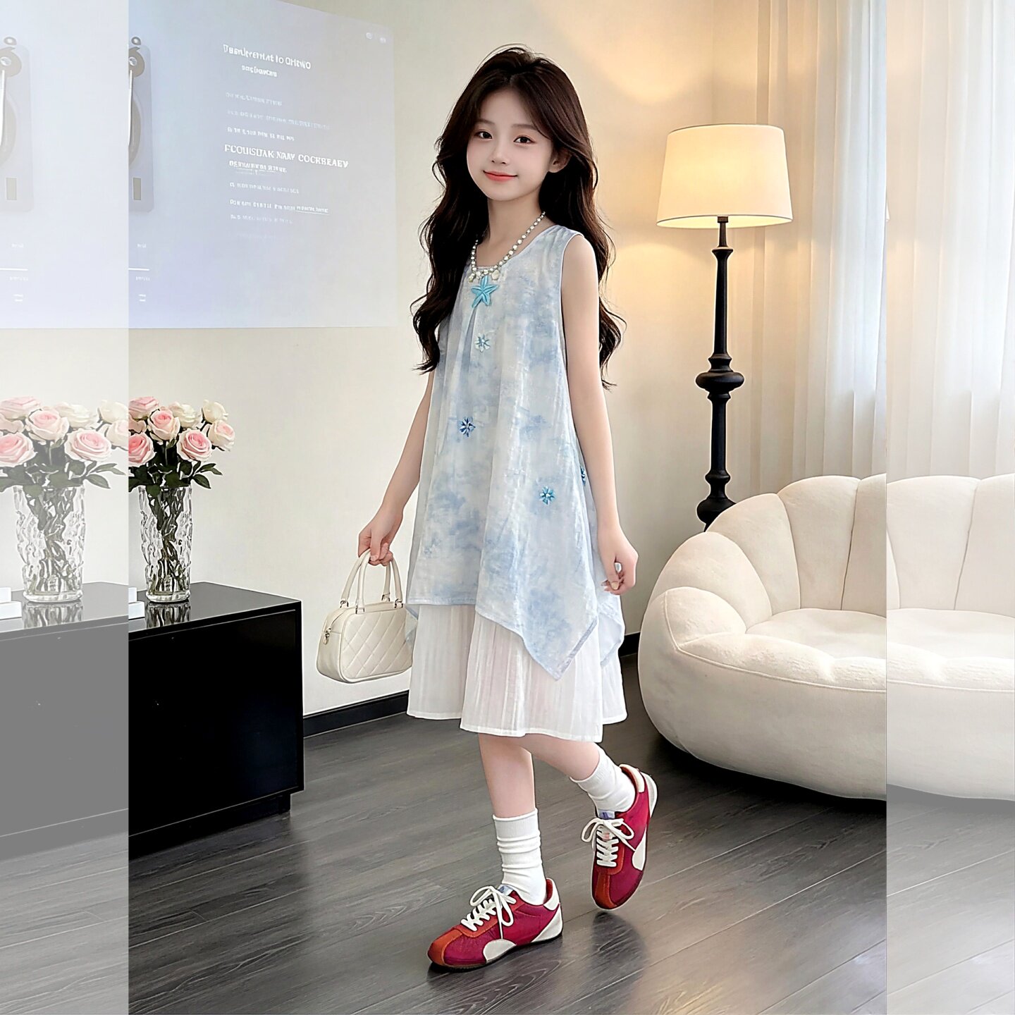 女童连衣裙夏季2026新款儿童蓝白晕染无袖不规则背心裙中大童夏装