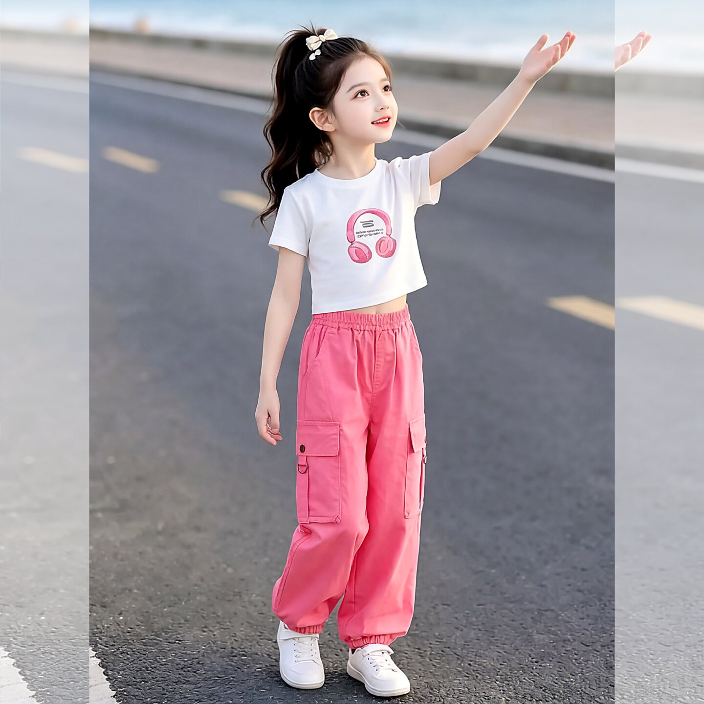 女童工装裤套装夏2026新款小女孩洋气多巴胺穿搭女孩大童粉色短袖