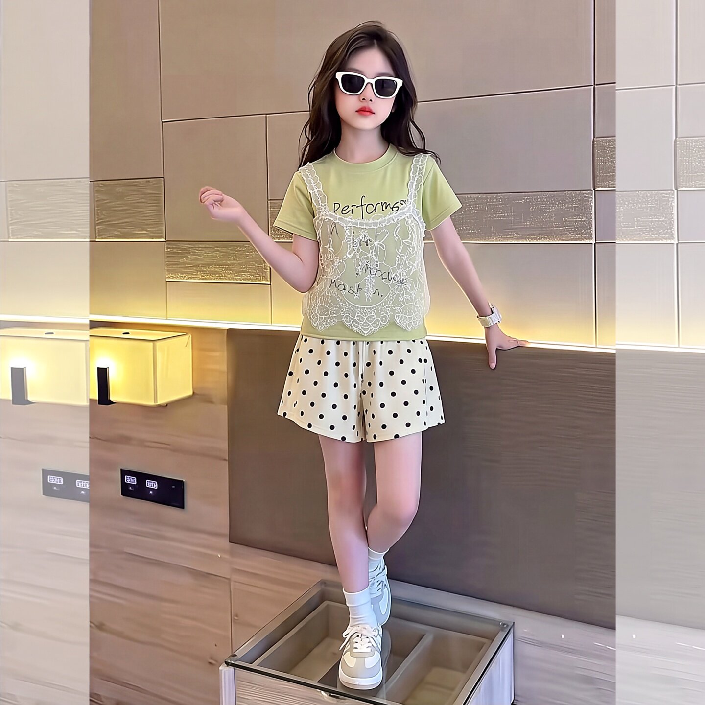 女童夏季套装2026新款儿童蕾丝女