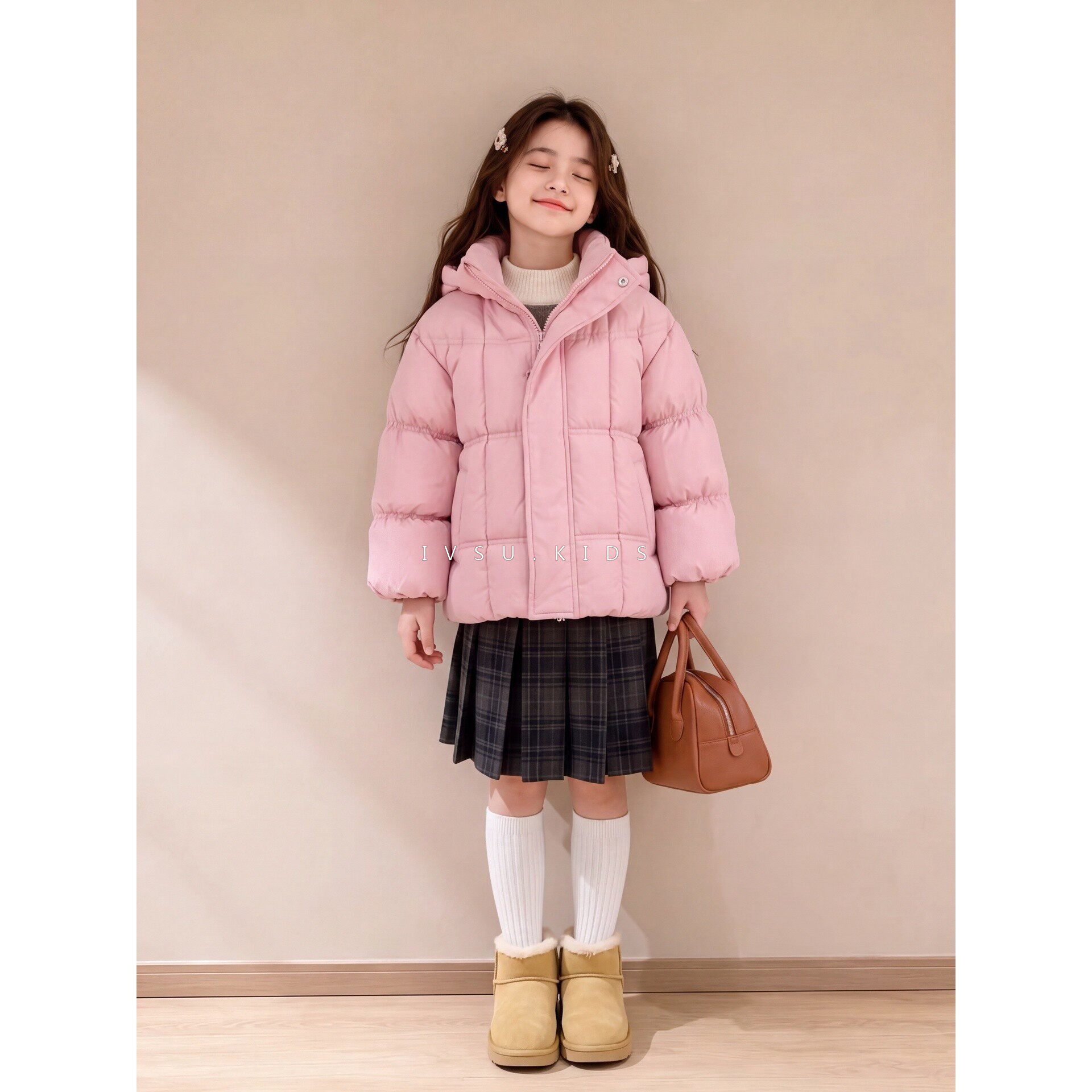 女童2026新款冬季拼接格子加厚冬