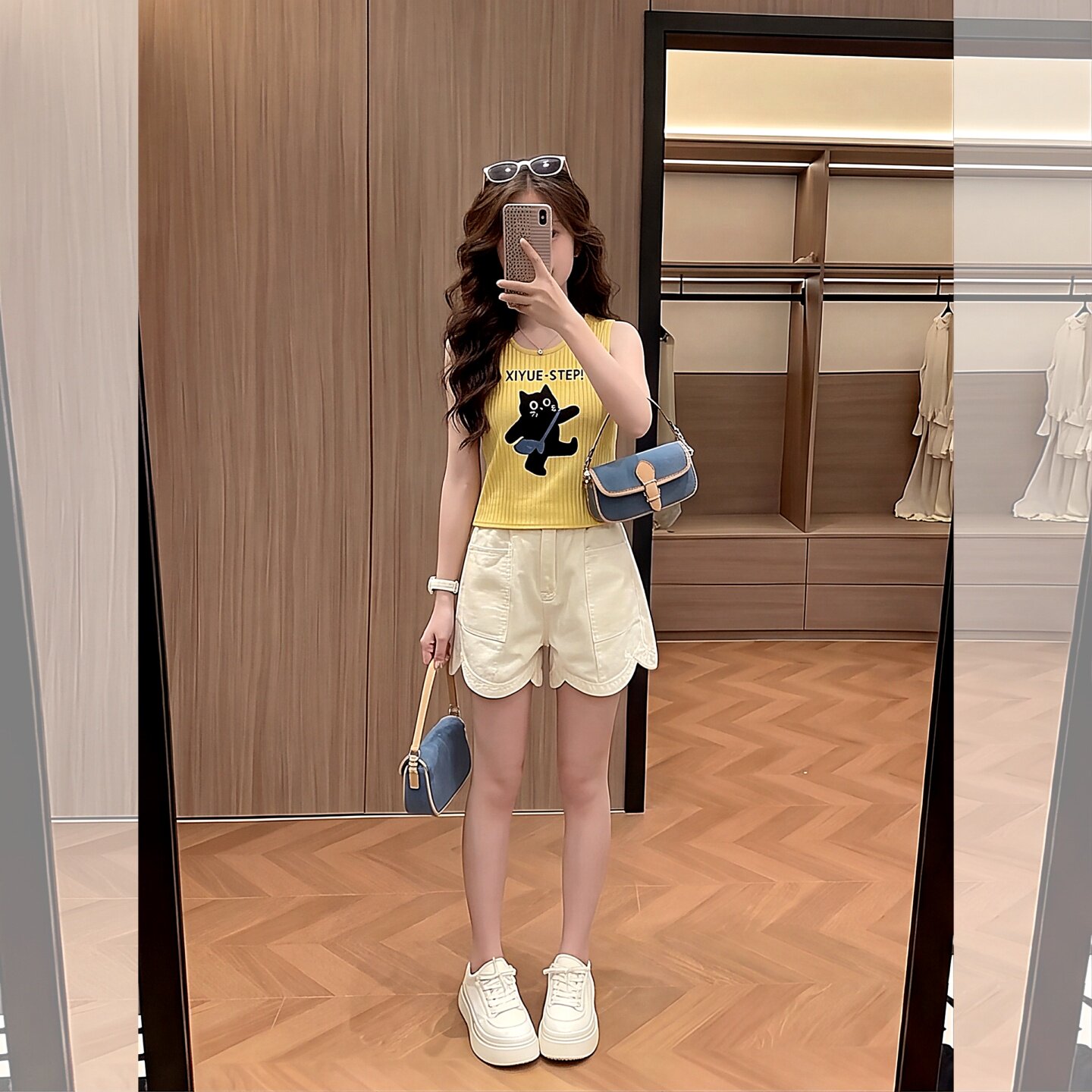 女童黄色针织卡通黑猫无袖背心/