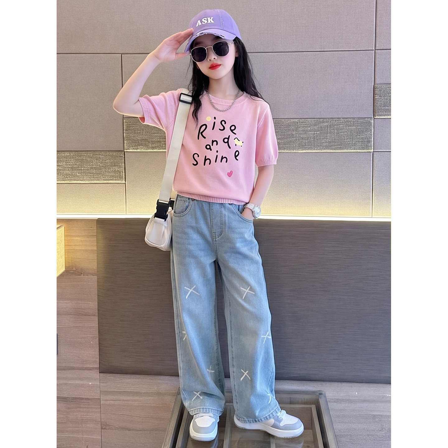 女童冰丝短袖亮钻牛仔裤套装夏季