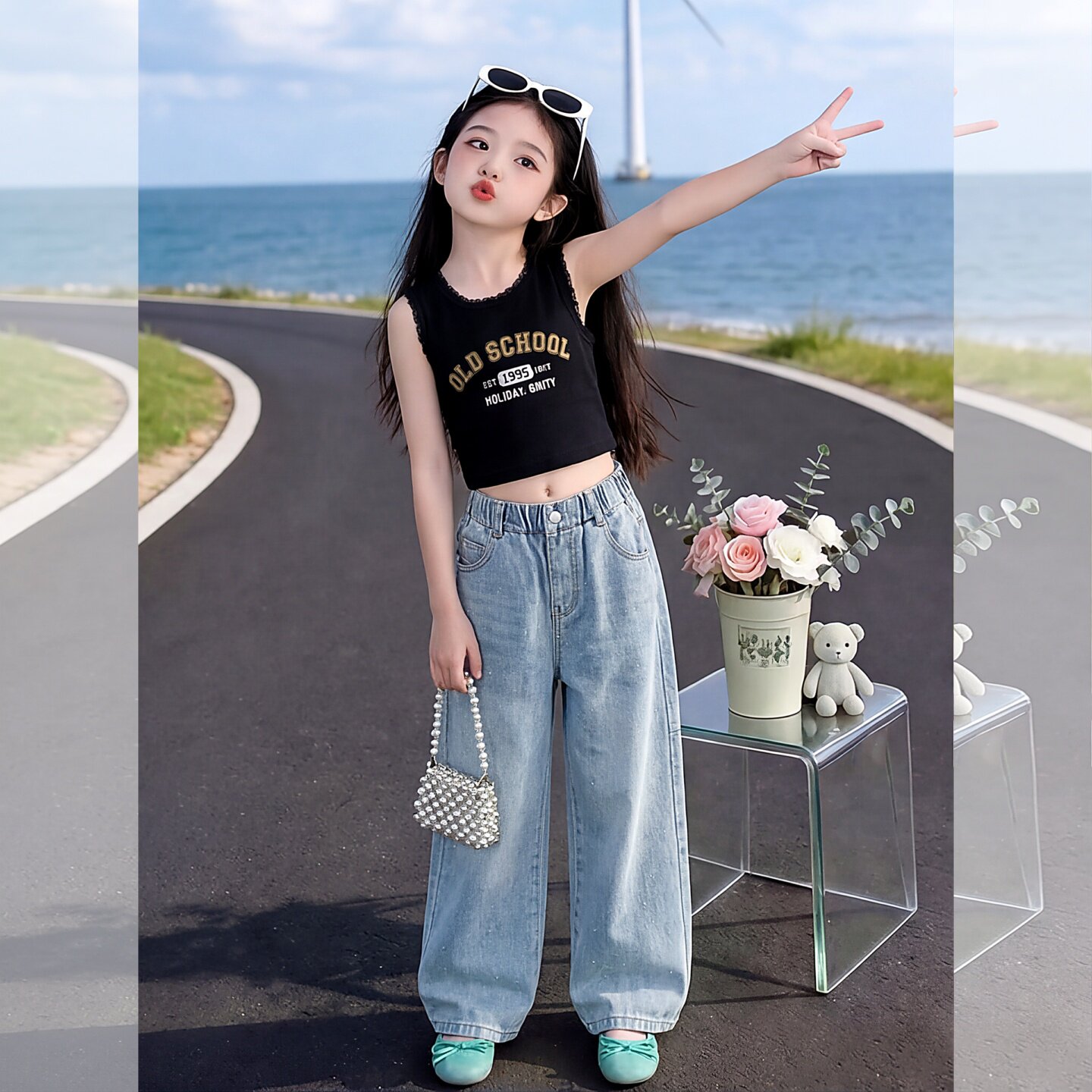 女童烫钻牛仔裤2026夏装新款宽松洋气直筒裤夏薄款儿童窄版阔腿裤