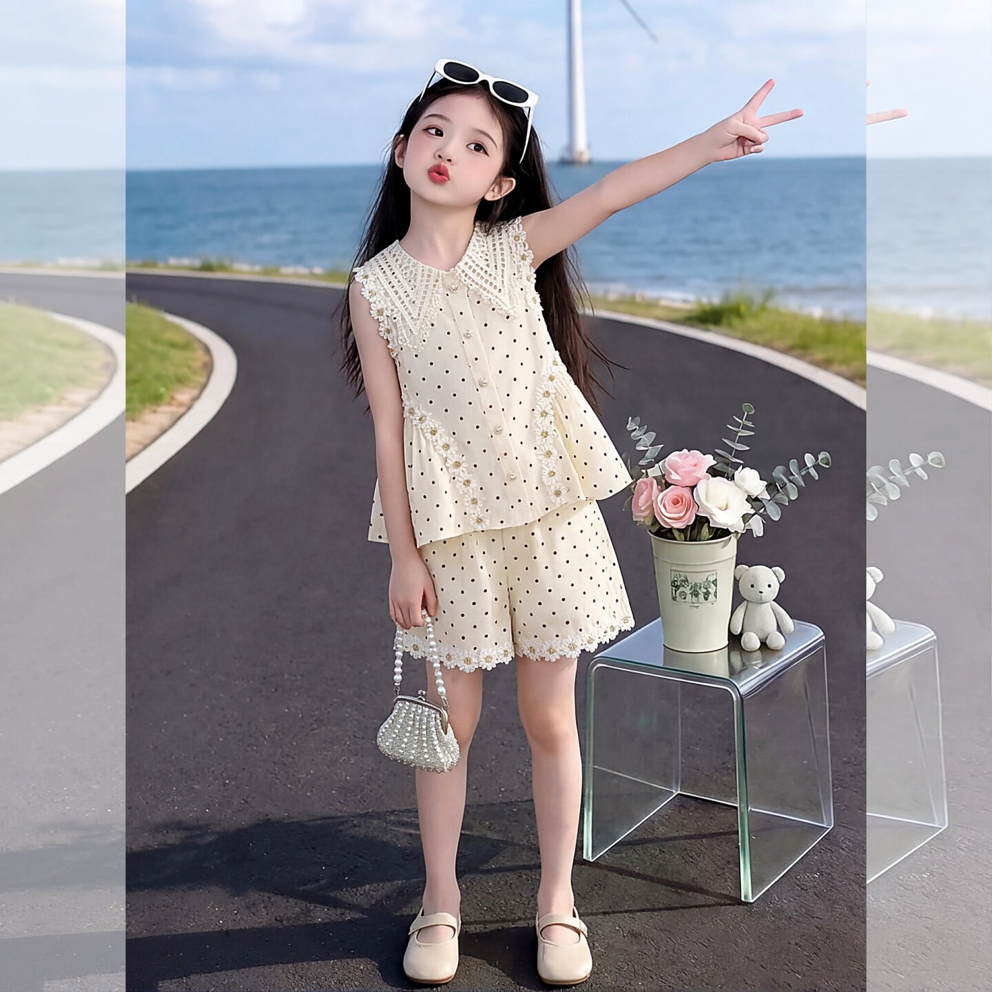 女童波点无袖衬衫套装夏季2026新