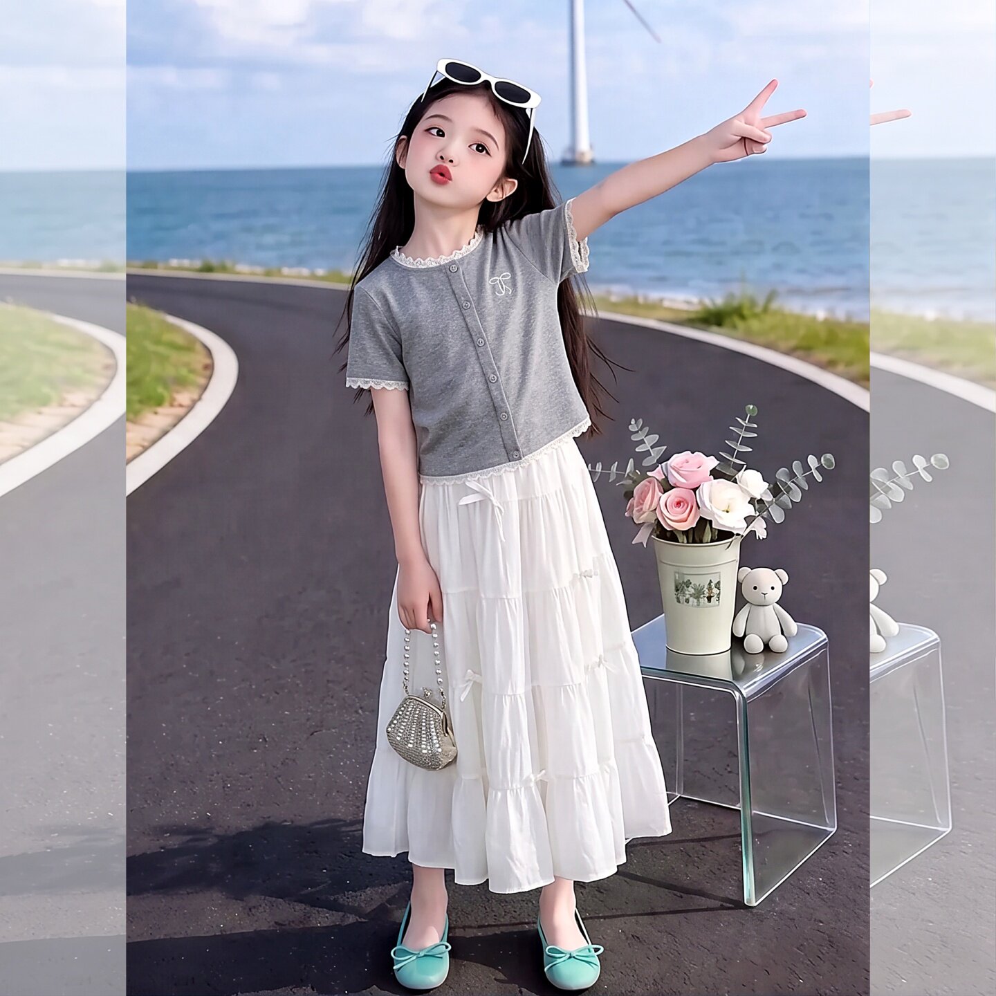女童夏装套装2026新款儿童蕾丝女