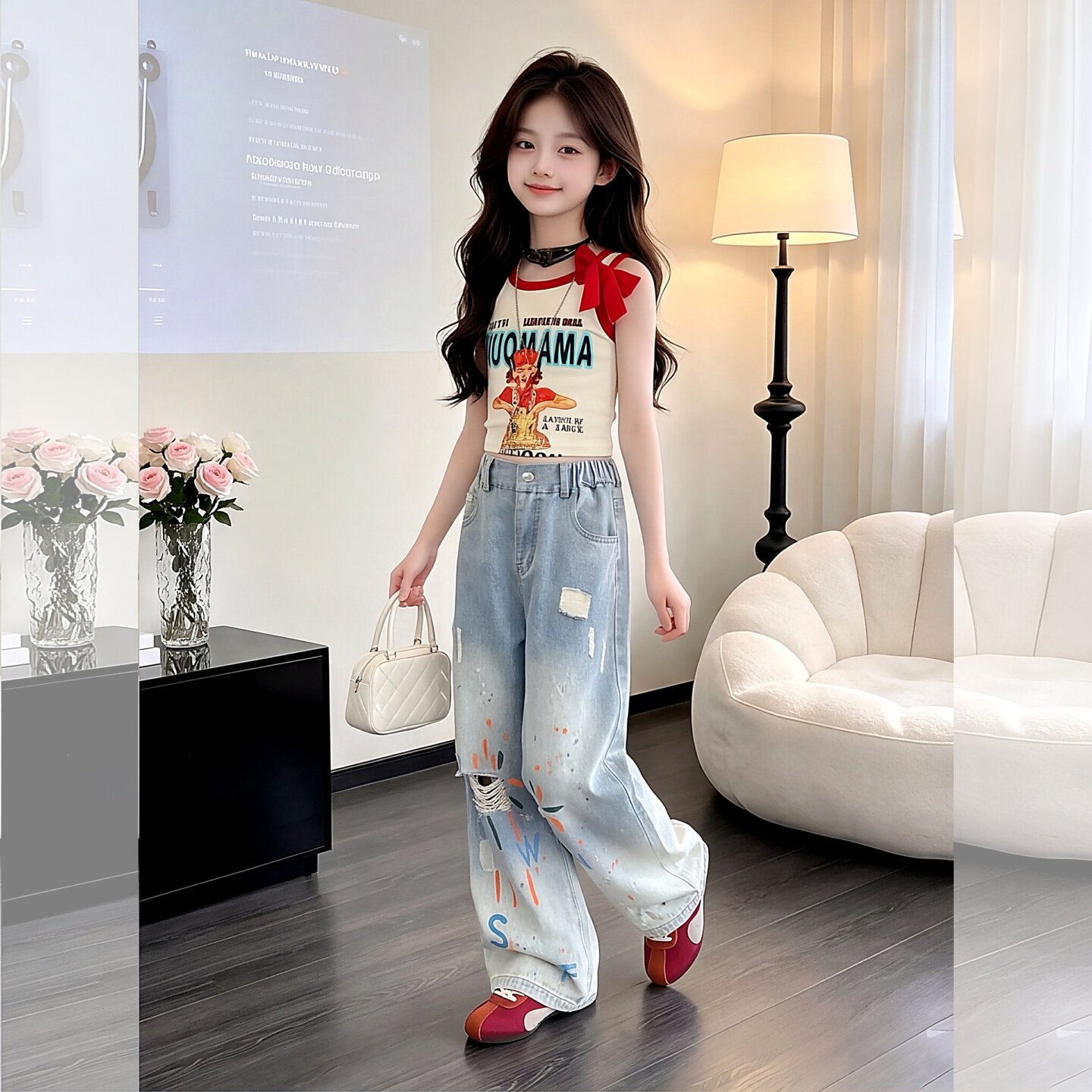 撞色立体蝴蝶结背心T恤女童夏季9