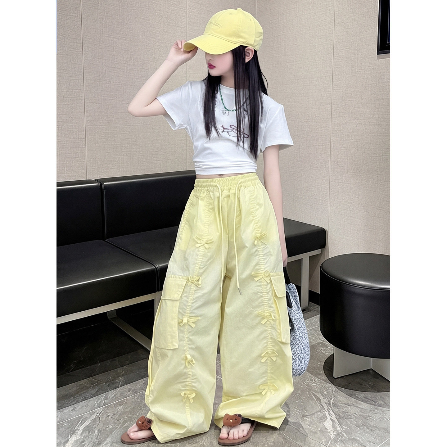 女童夏装蝴蝶结裤子薄款2026新款女孩洋气宽松工装裤大童夏阔腿裤