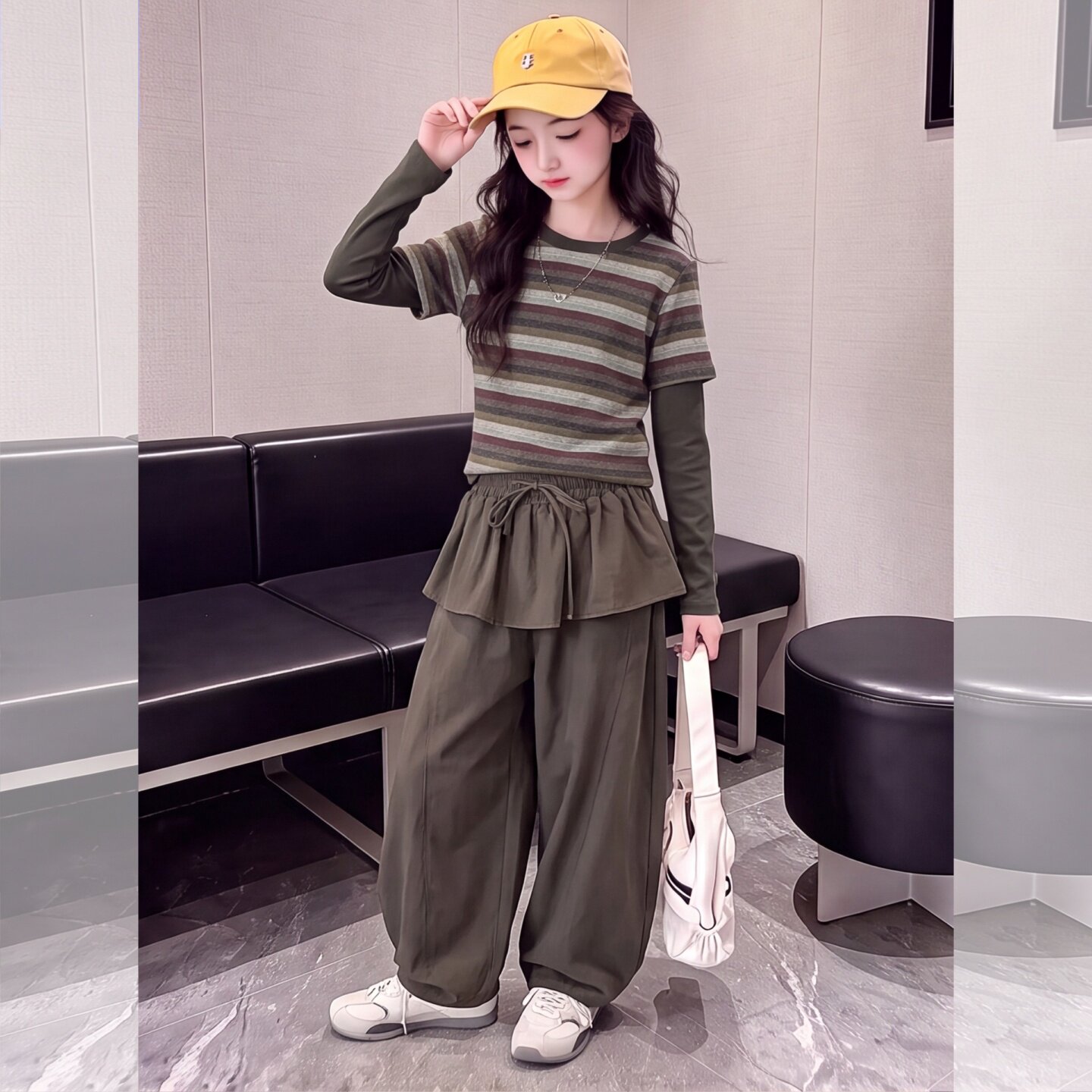 女童秋装套装2026新款女孩条纹假