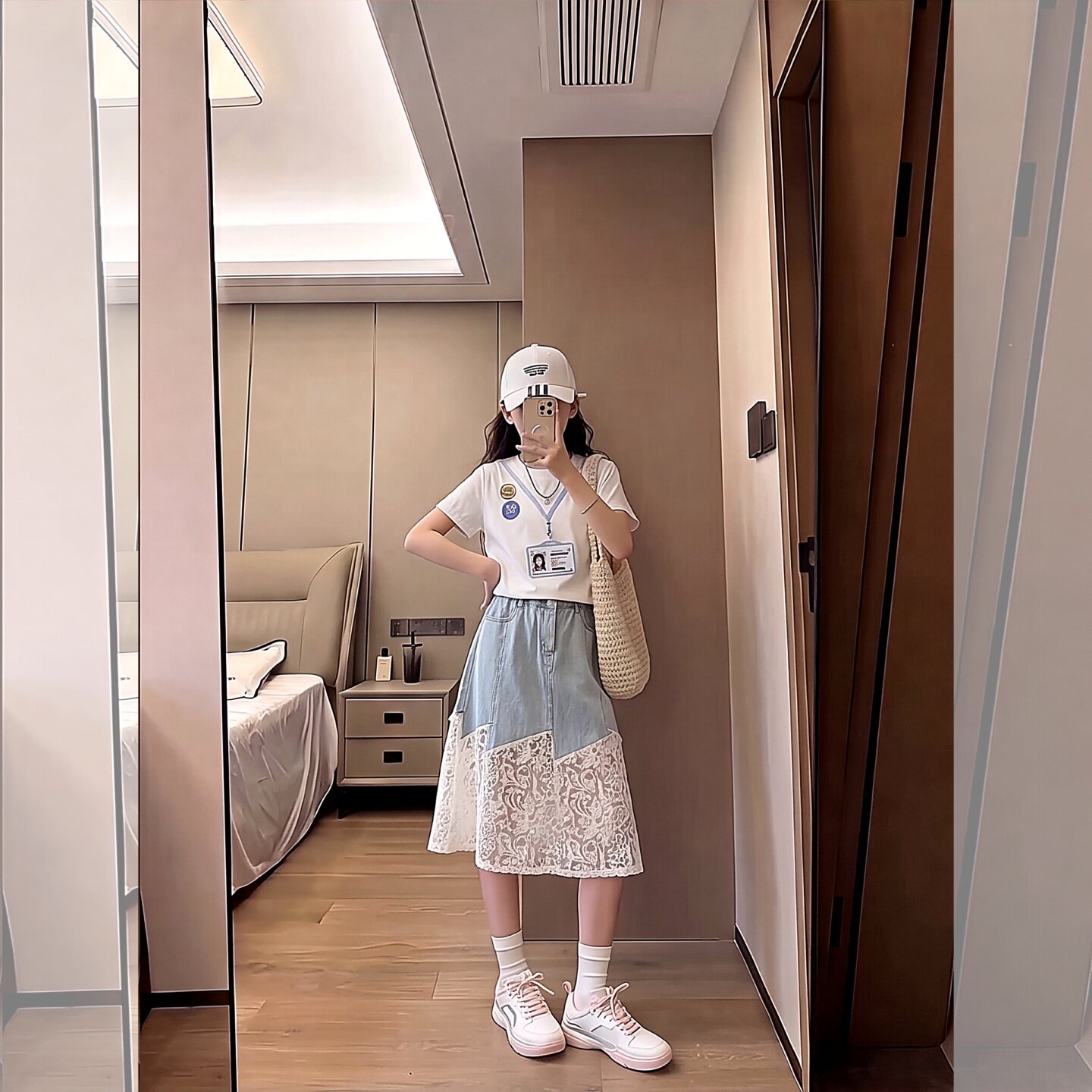 女童夏季T恤套装2026新款儿童法式蕾丝拼接牛仔半身裙两件套洋气t
