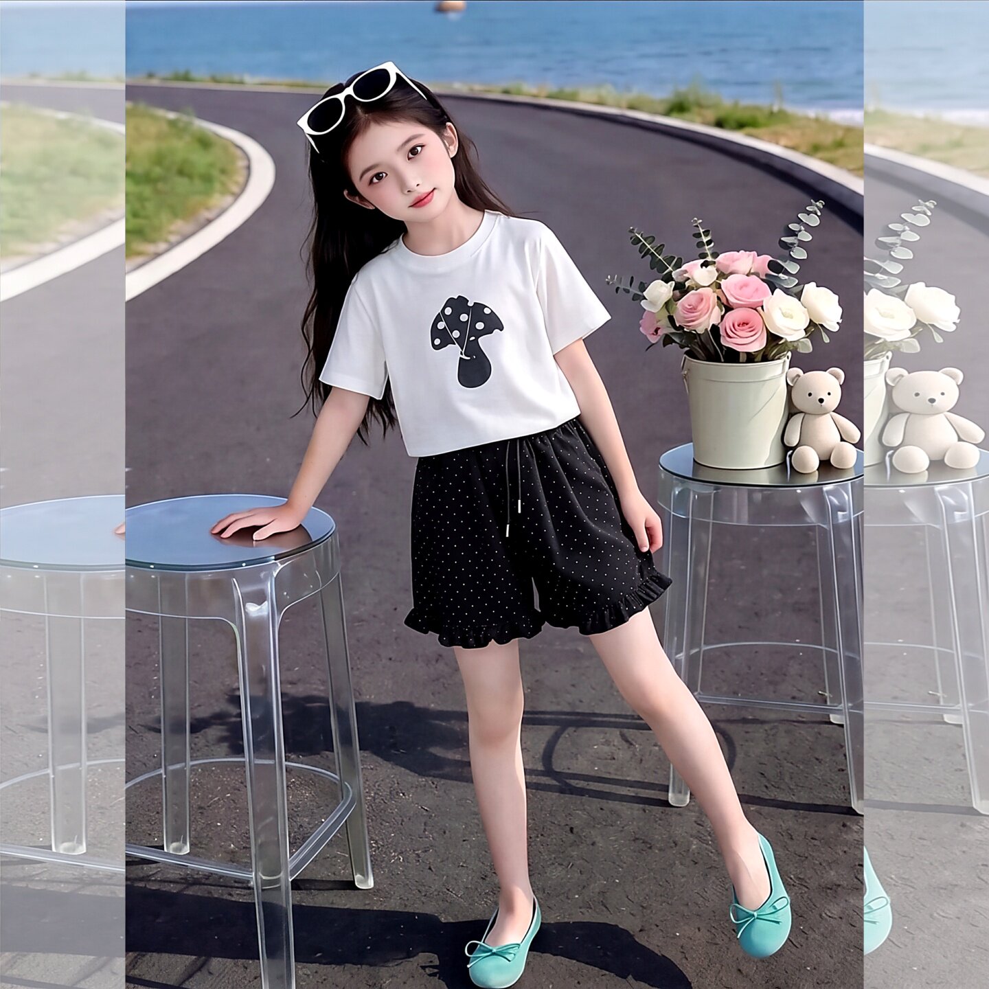 夏季女童波点短裤套装2026可爱短