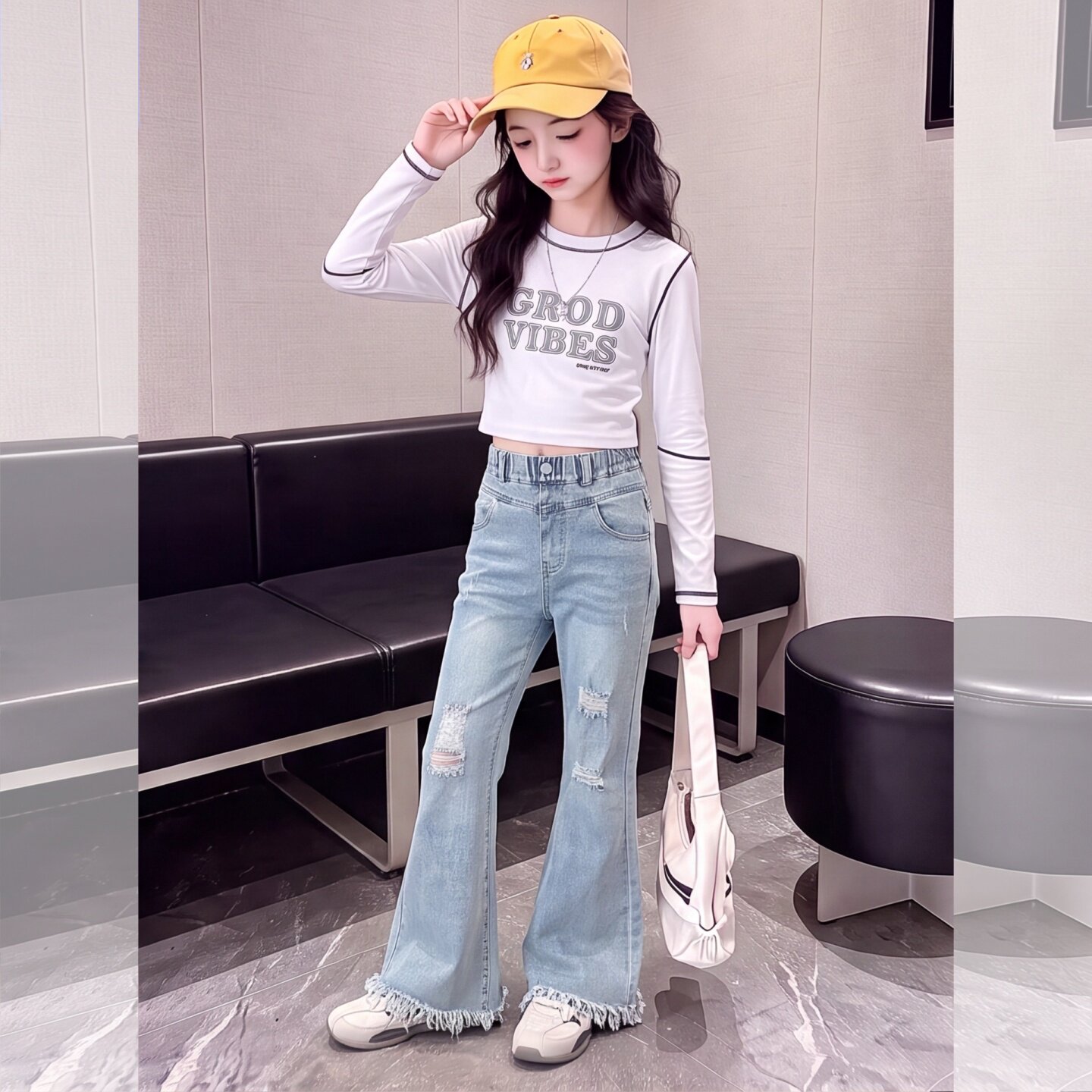 女童破洞牛仔裤秋季装2026新款童