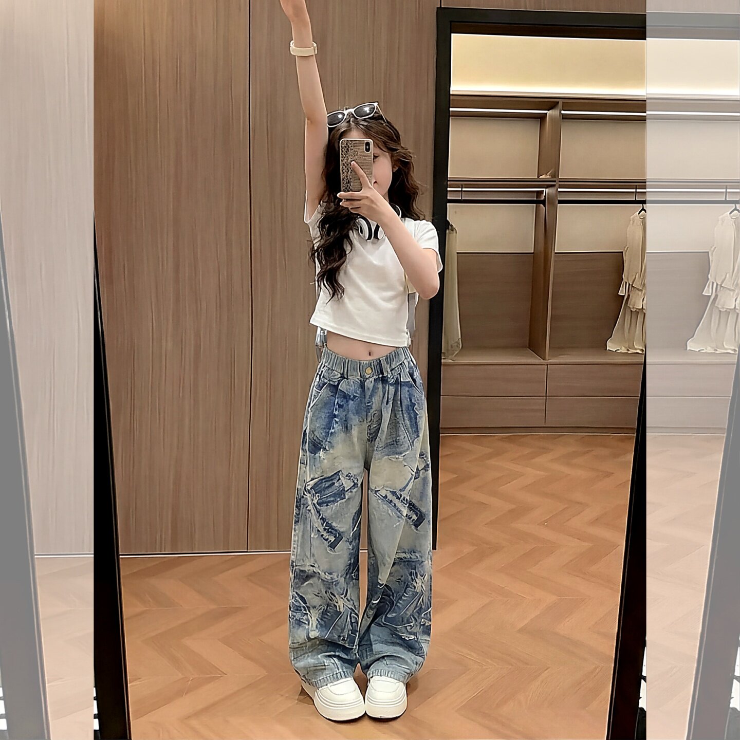 女孩爵士舞服装街舞潮服酷感印花阔腿裤软牛仔演出服夏日日常穿搭
