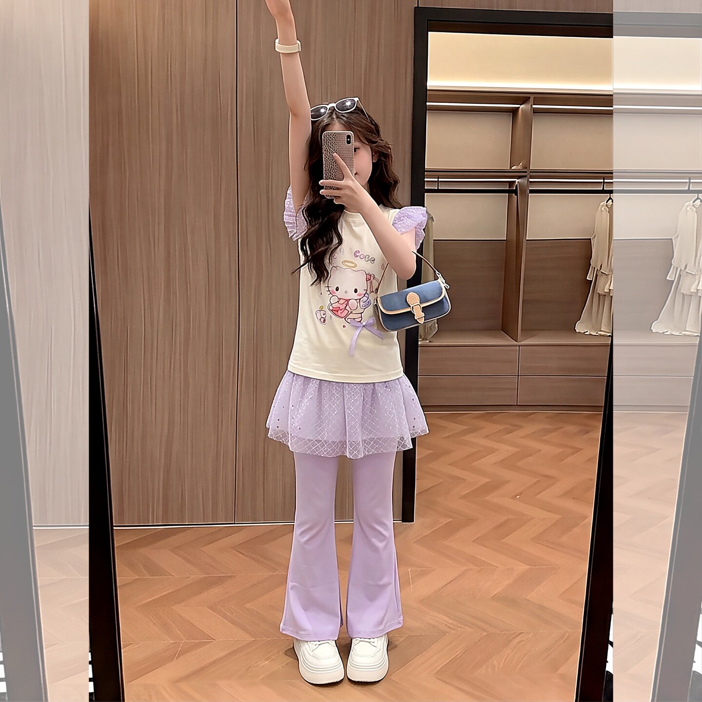 甜美卡通两件套女童夏季紫色背带