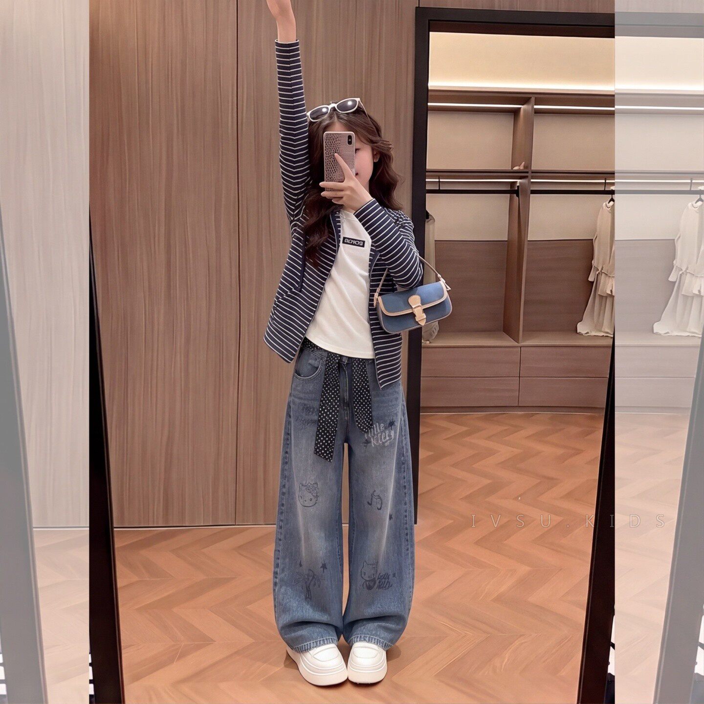 女童秋季卡通猫咪印花阔腿牛仔裤