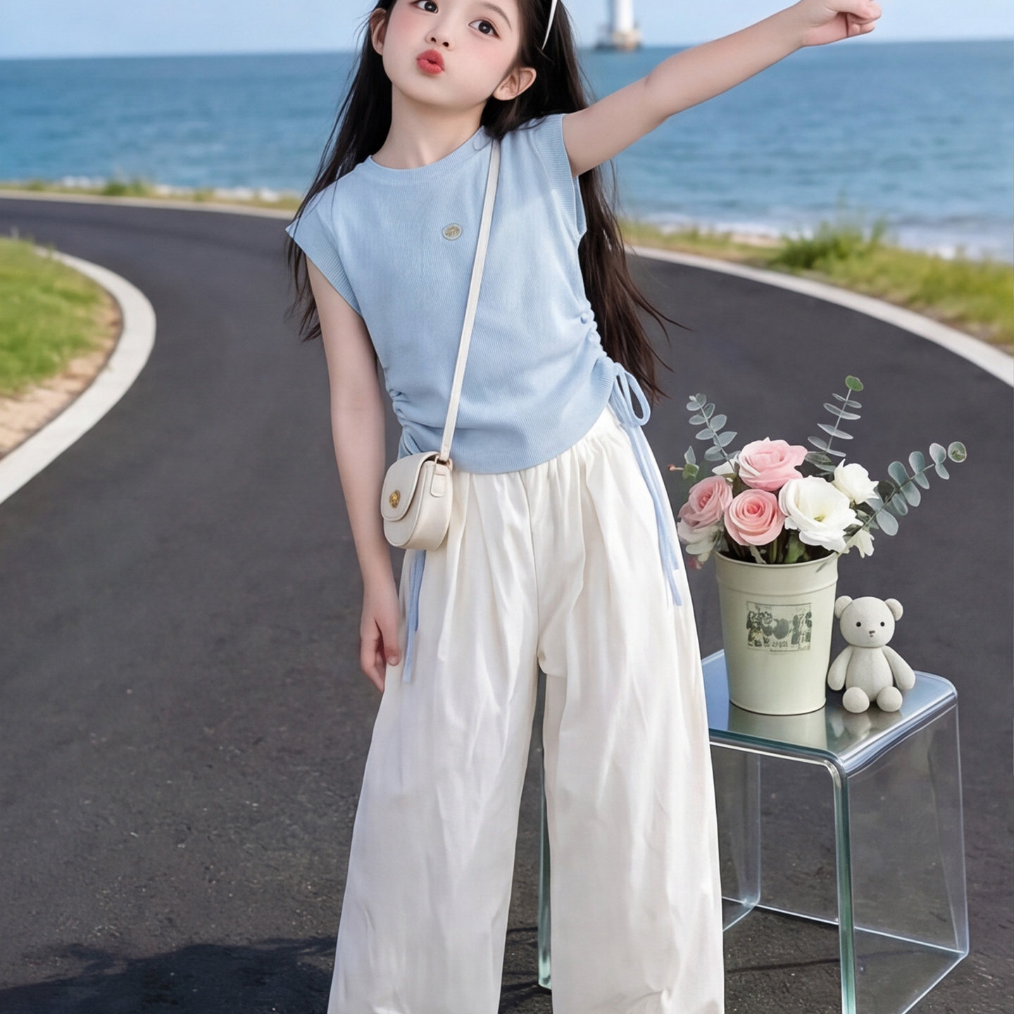 女童冰丝针织抽绳背心中大童韩系