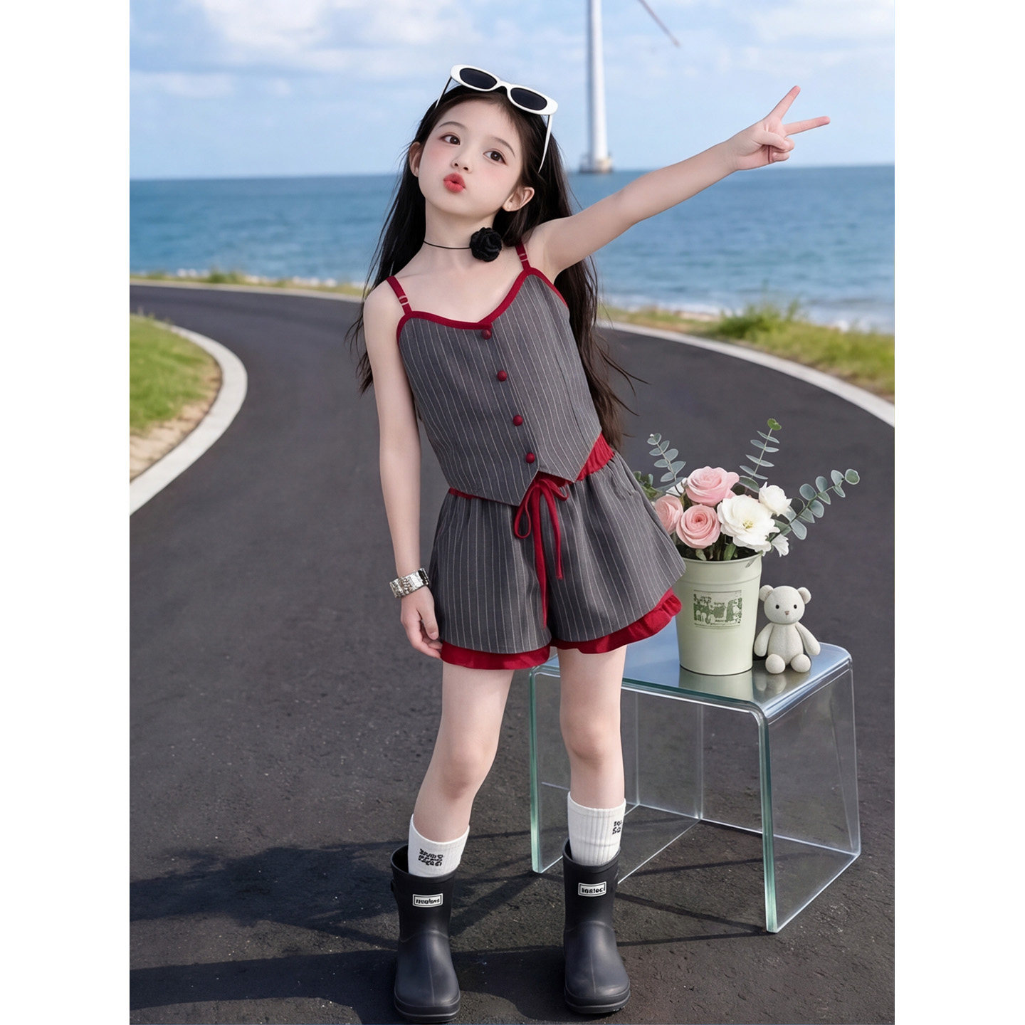 女童套装夏季儿童条纹吊带裙裤