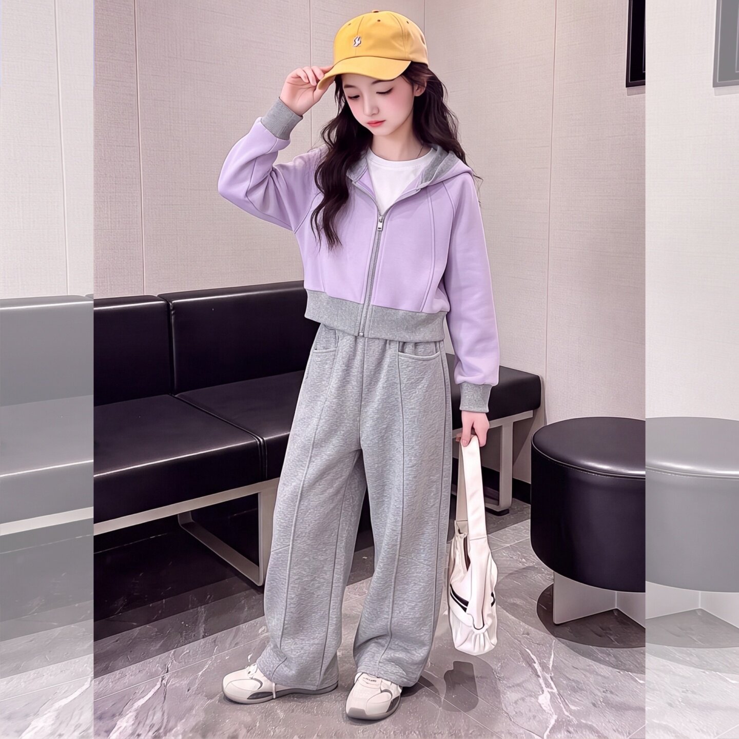 女童休闲拼色卫衣外套弯刀卫裤套