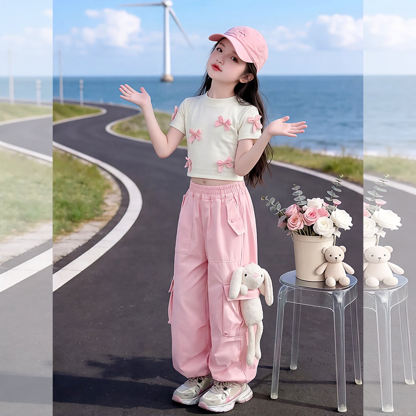 女童蝴蝶结短袖T恤夏季薄款裤子小女孩洋气辣妹工装裤爵士舞套装8