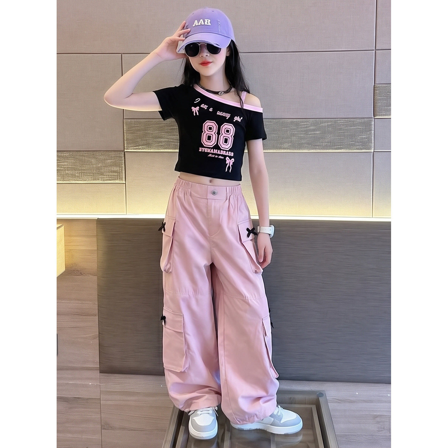 女童2026夏季新款辣妹斜肩短袖套装轻薄蝴蝶结工装裤阔腿长裤好看