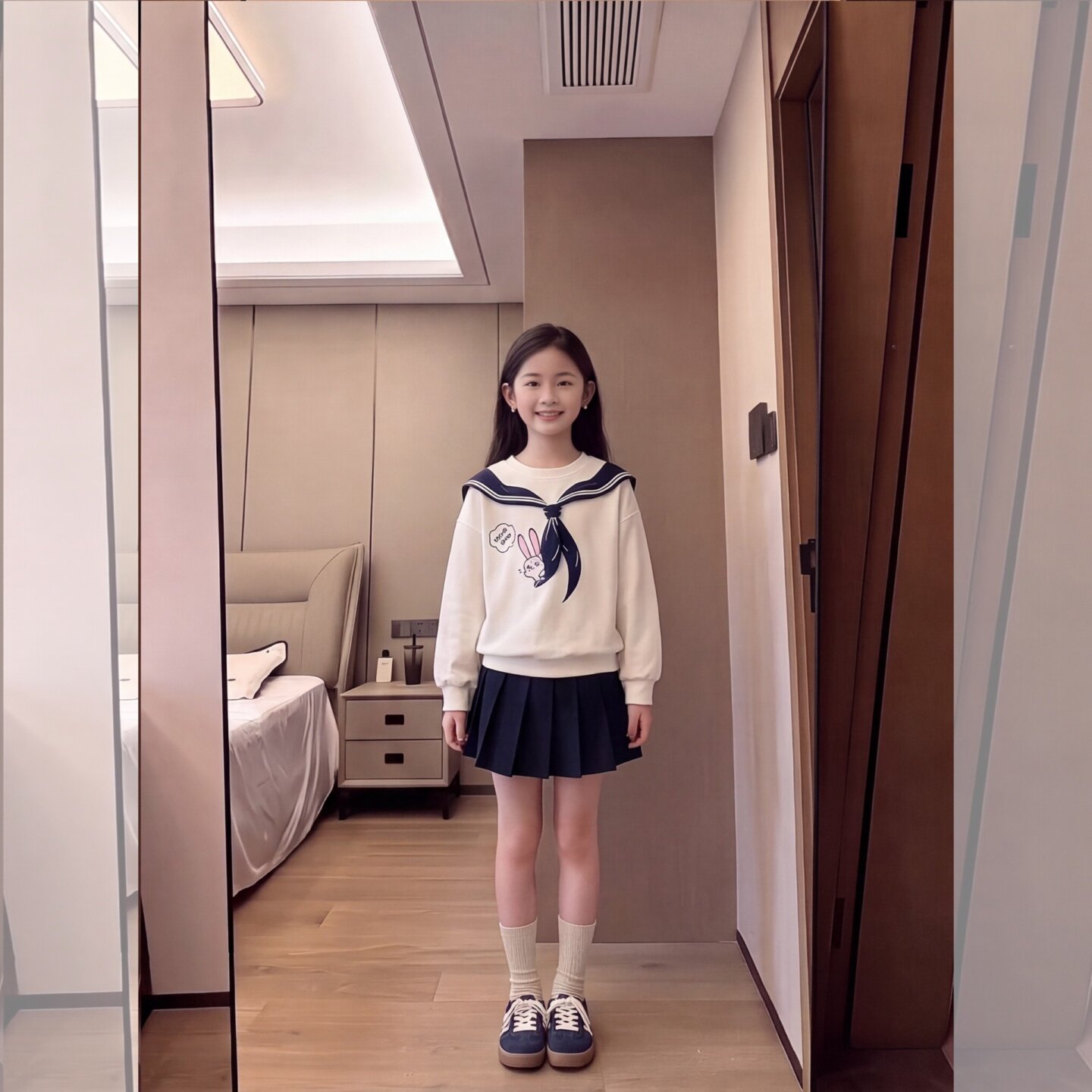 女童秋季套装海军领卫衣百褶裙两
