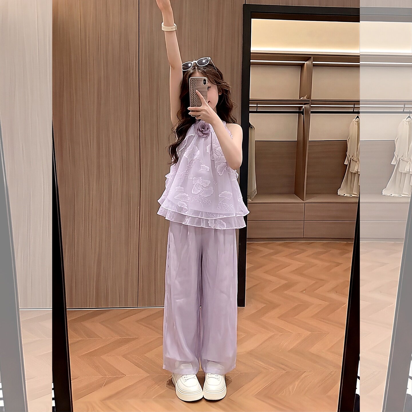 女童无袖挂脖花边背心阔腿裤两件