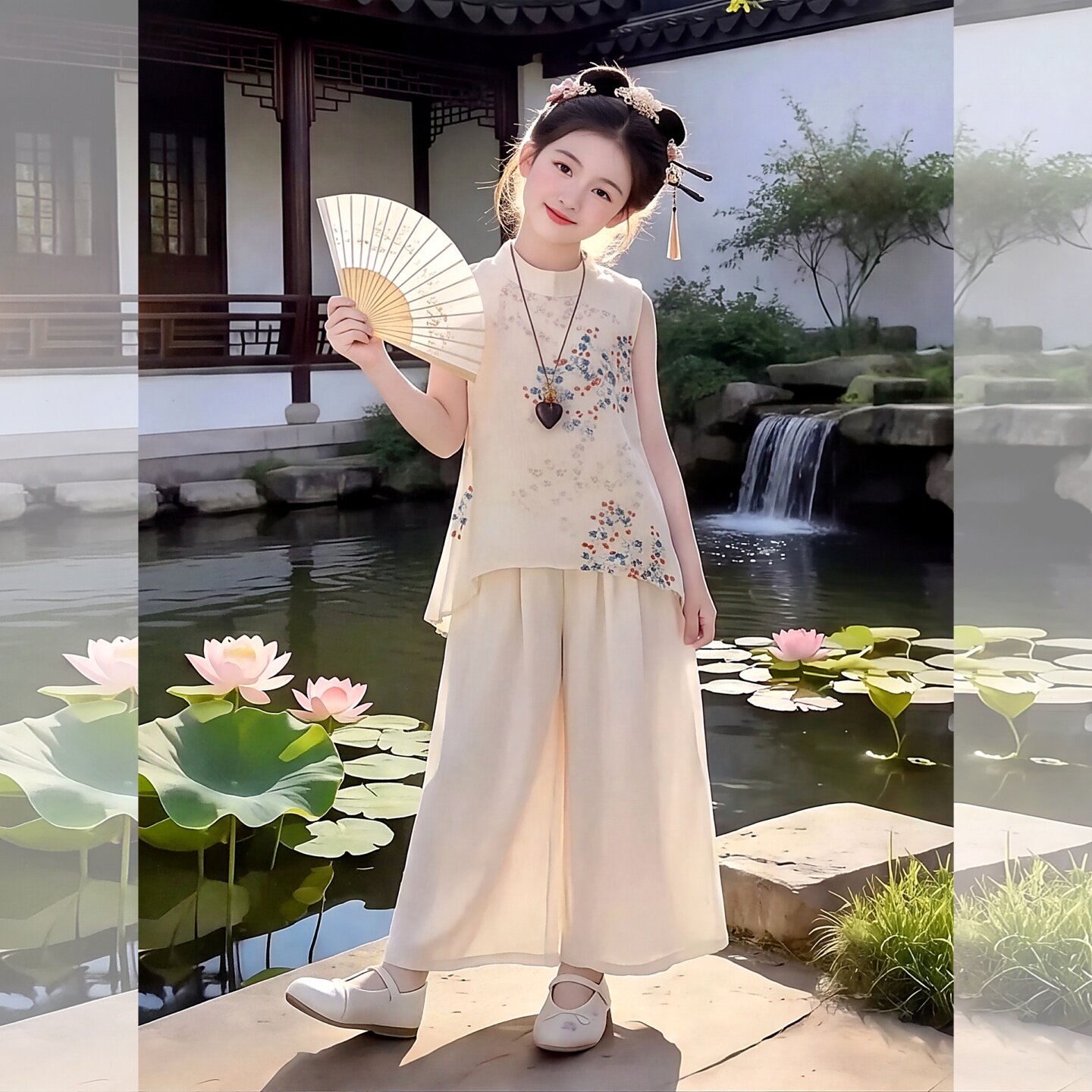 女童套装夏季2026新款中式圆领女