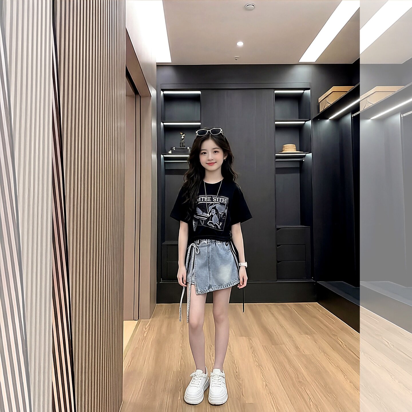 女童夏套装2026新款女孩大童巨好看薄款牛仔短裤初中生潮酷两件套