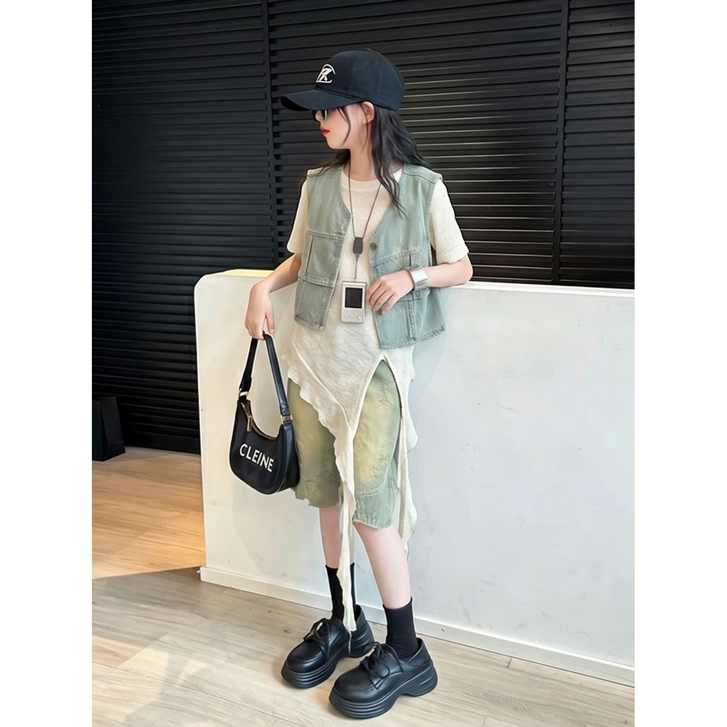 女童韩版牛仔马甲阔腿裤三件套