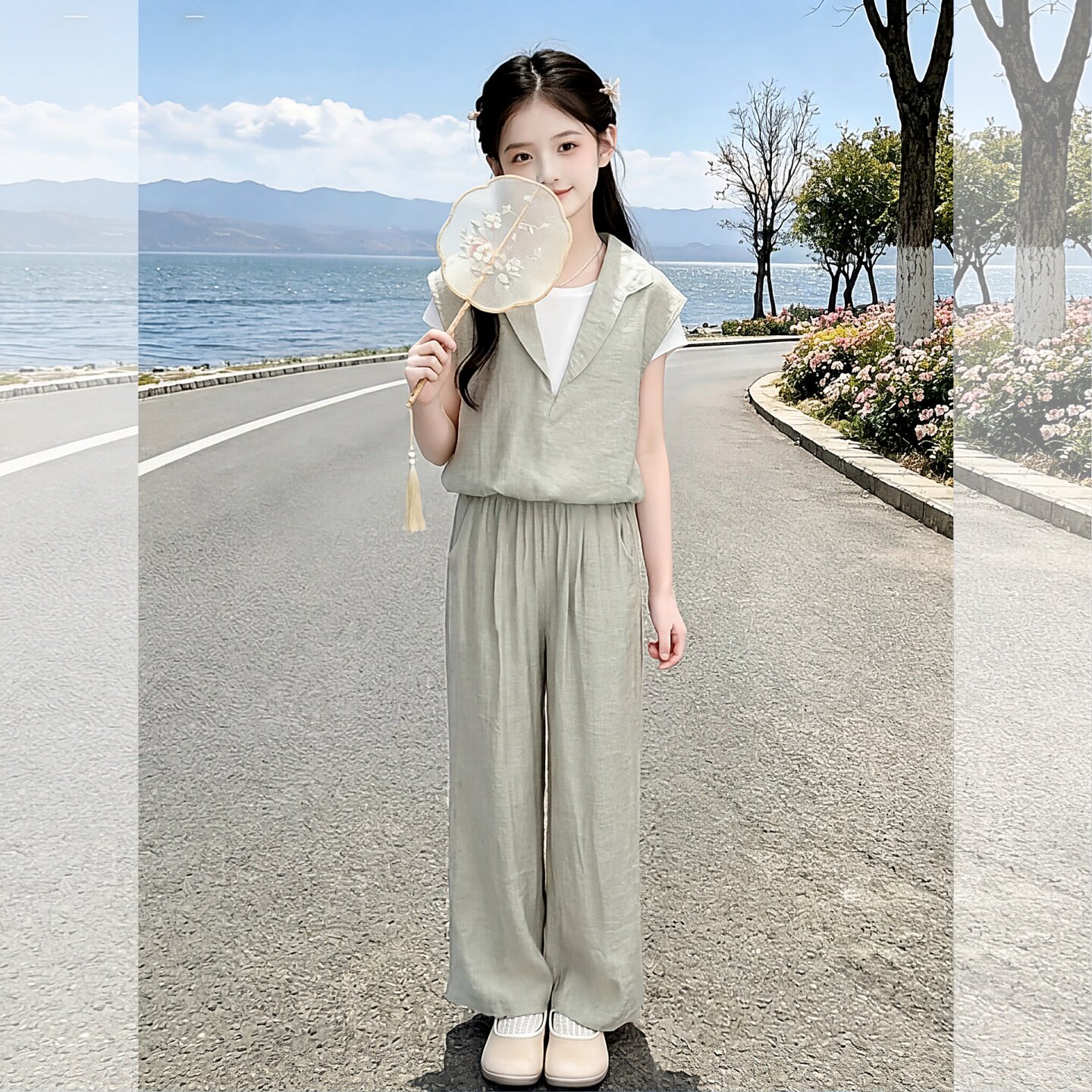 女童夏季轻薄无袖马甲阔腿裤套装