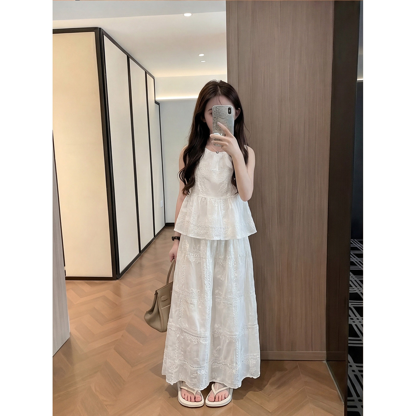 女童夏季白色套装大童女孩时尚凉感上衣重工刺绣半身裙两件套童装