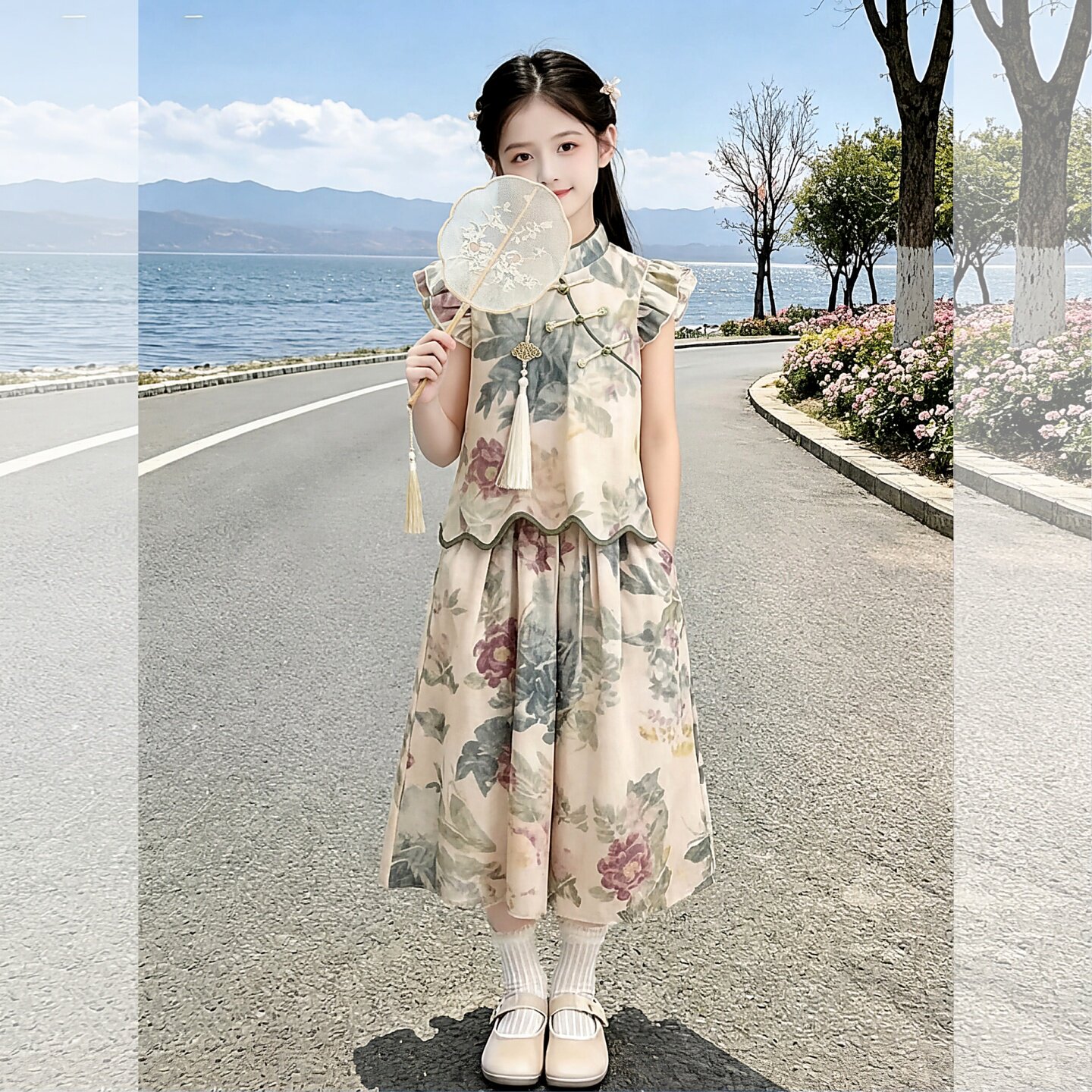 女童中式风花卉印花两件套夏季新款洋气小飞袖盘扣套装夏装立领