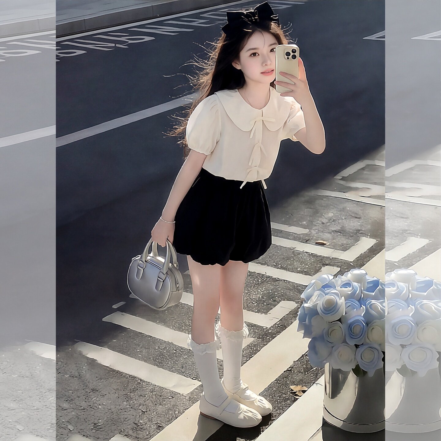 女童夏季短袖衬衫套装娃娃领学院