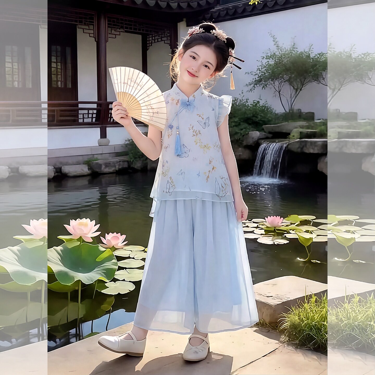 女童新中式国风套装2026夏季新款儿童改良旗袍上衣阔腿裤两件套潮