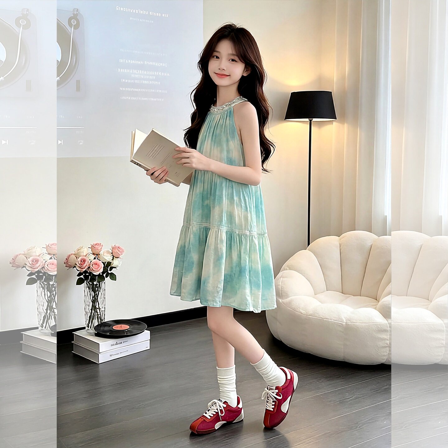 女童连衣裙夏季2026新款儿童甜美蓝绿扎染无袖挂脖裙中大童蛋糕裙