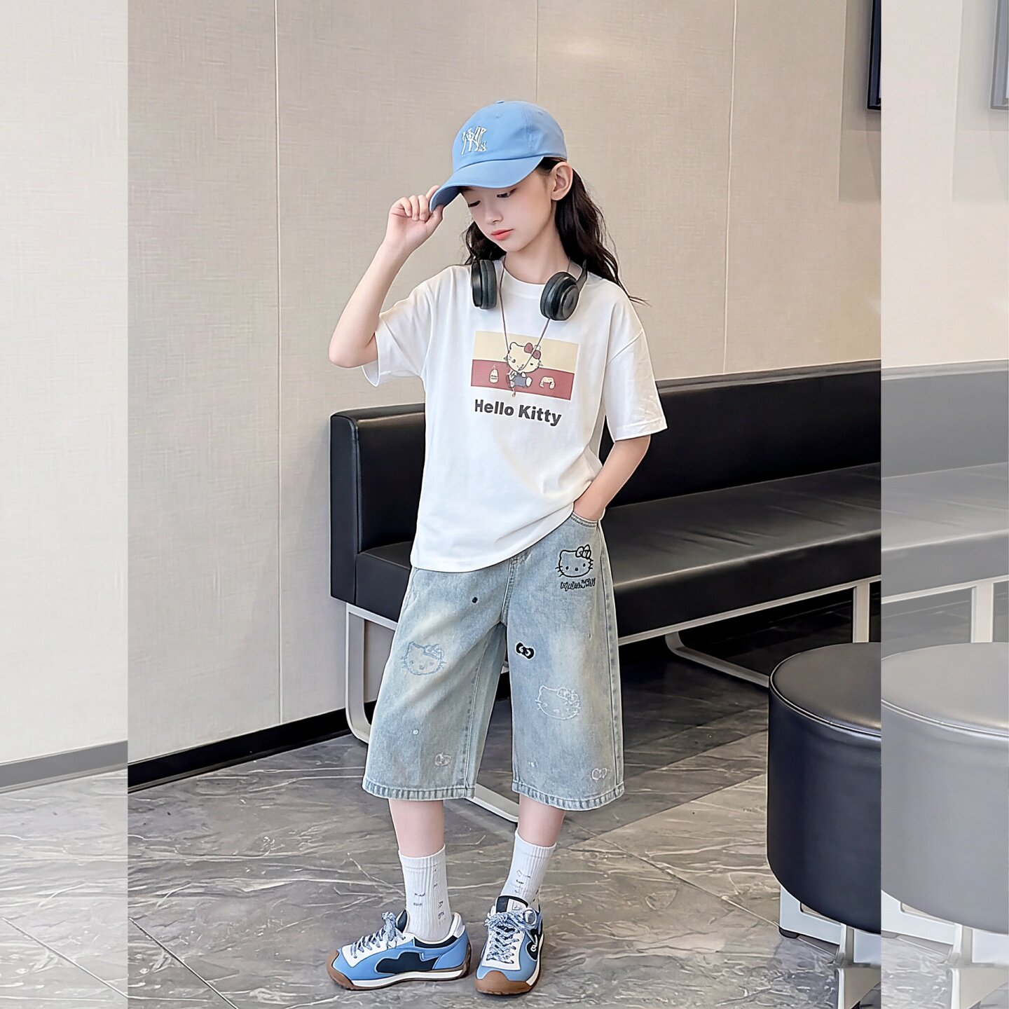 女童夏装洋气炸街短袖牛仔裤套装