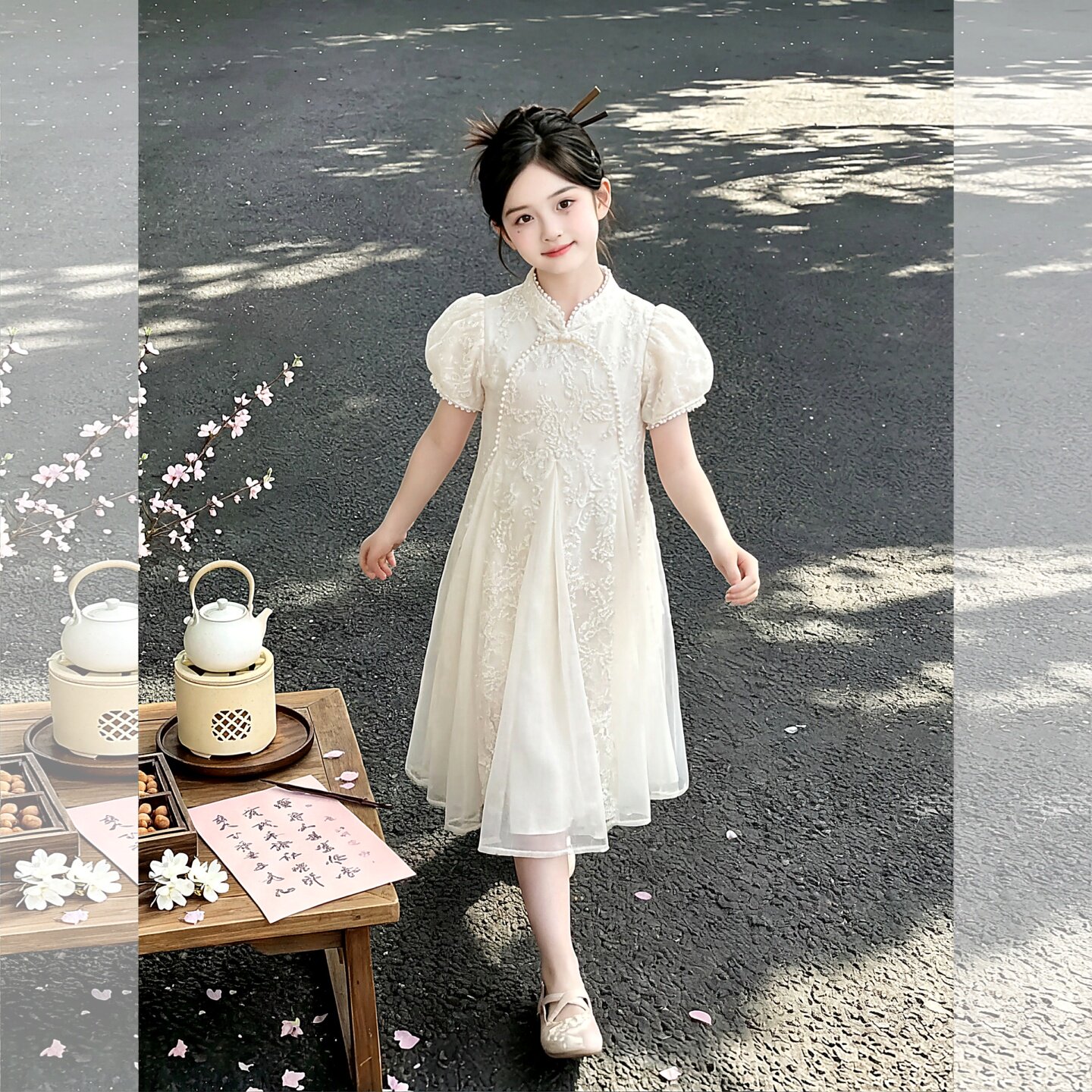 女童夏季连衣裙可爱新款儿童新中式旗袍纱裙女孩白色夏装公主裙子