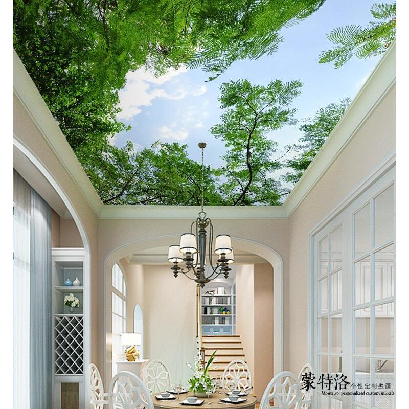 5d天花板吊顶墙纸壁画屋顶无缝背景墙贴田园树林清新风景自粘贴画